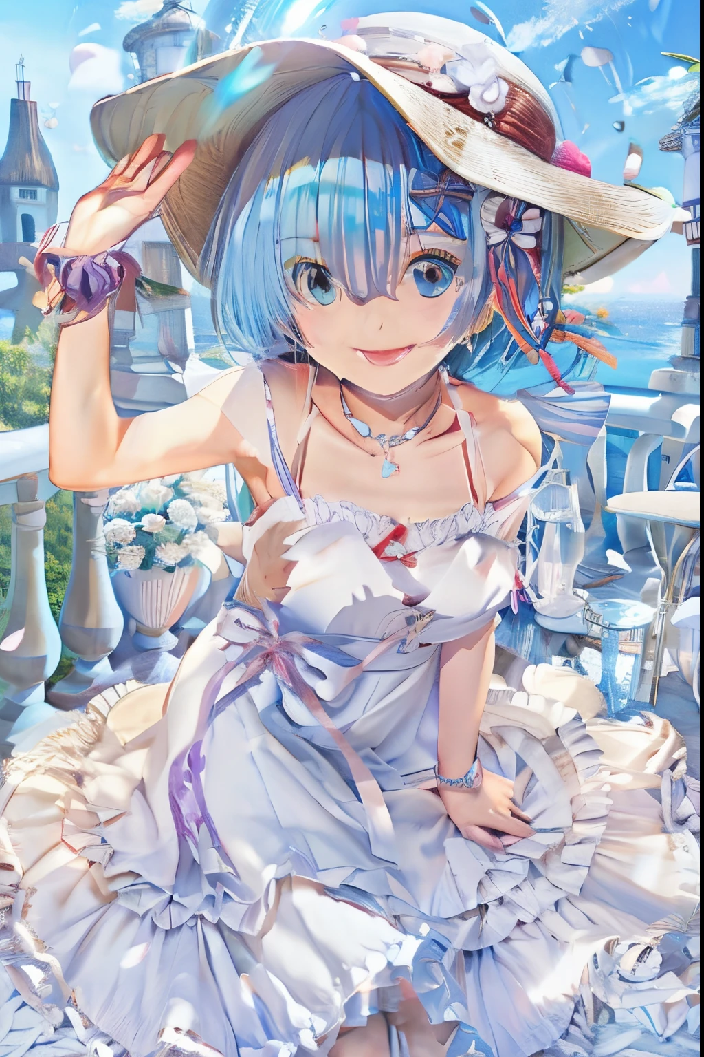 Japanese woman, rem (re zero) wears a white dress with short blue hair and a beach hat