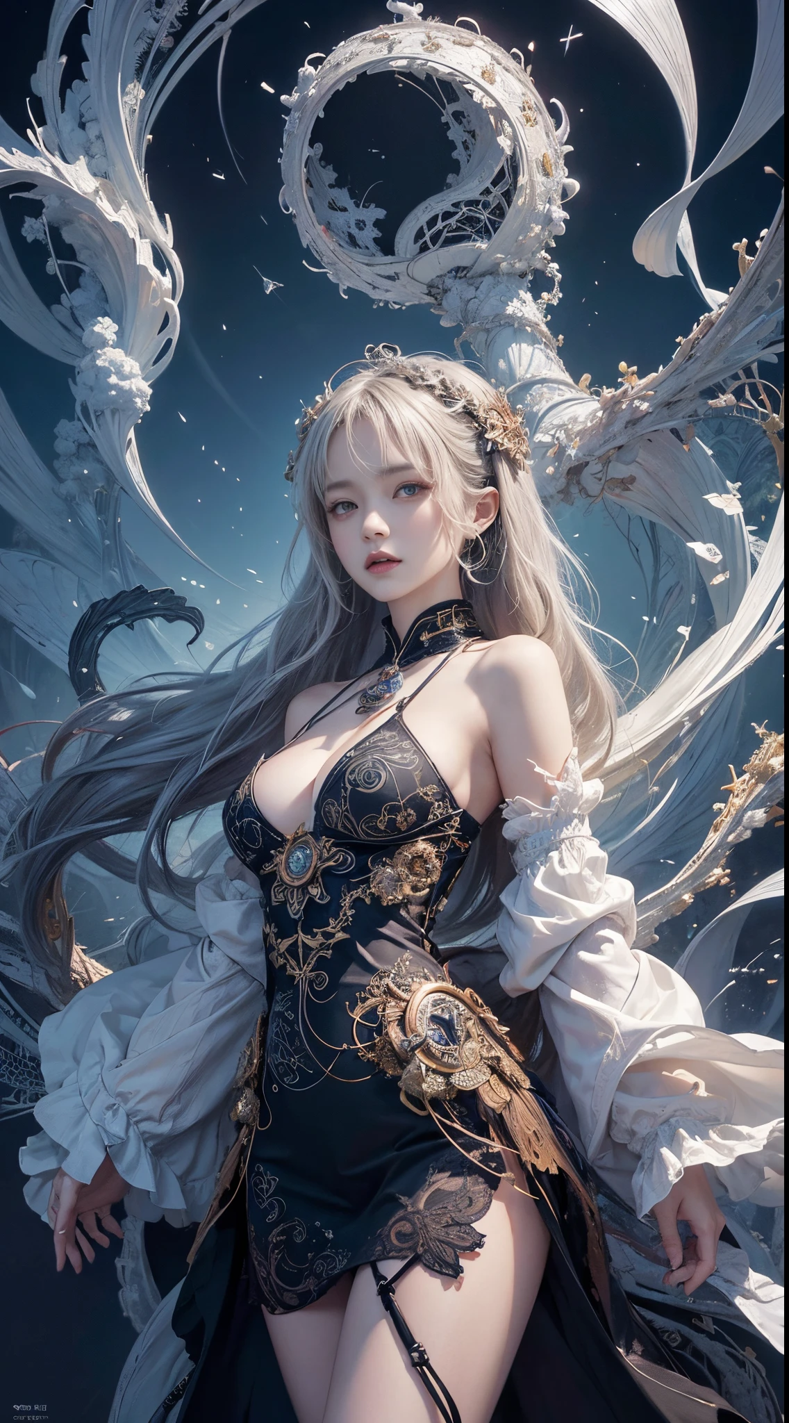 official art, unity 8k wallpaper, ultra detailed, beautiful and aesthetic, masterpiece, best quality, (zentangle, mandala, tangle, entangle), (fractal art:1.3) , 1girl, extremely detailed, dynamic angle, cowboyshot, the most beautiful form of chaos, elegant, a brutalist designed, vivid colours, romanticism, by james jean, roby dwi antono, ross tran, francis bacon, michal mraz, adrian ghenie, petra cortright, gerhard richter, takato yamamoto, ashley wood, atmospheric, ecstasy of musical notes, streaming musical notes visible