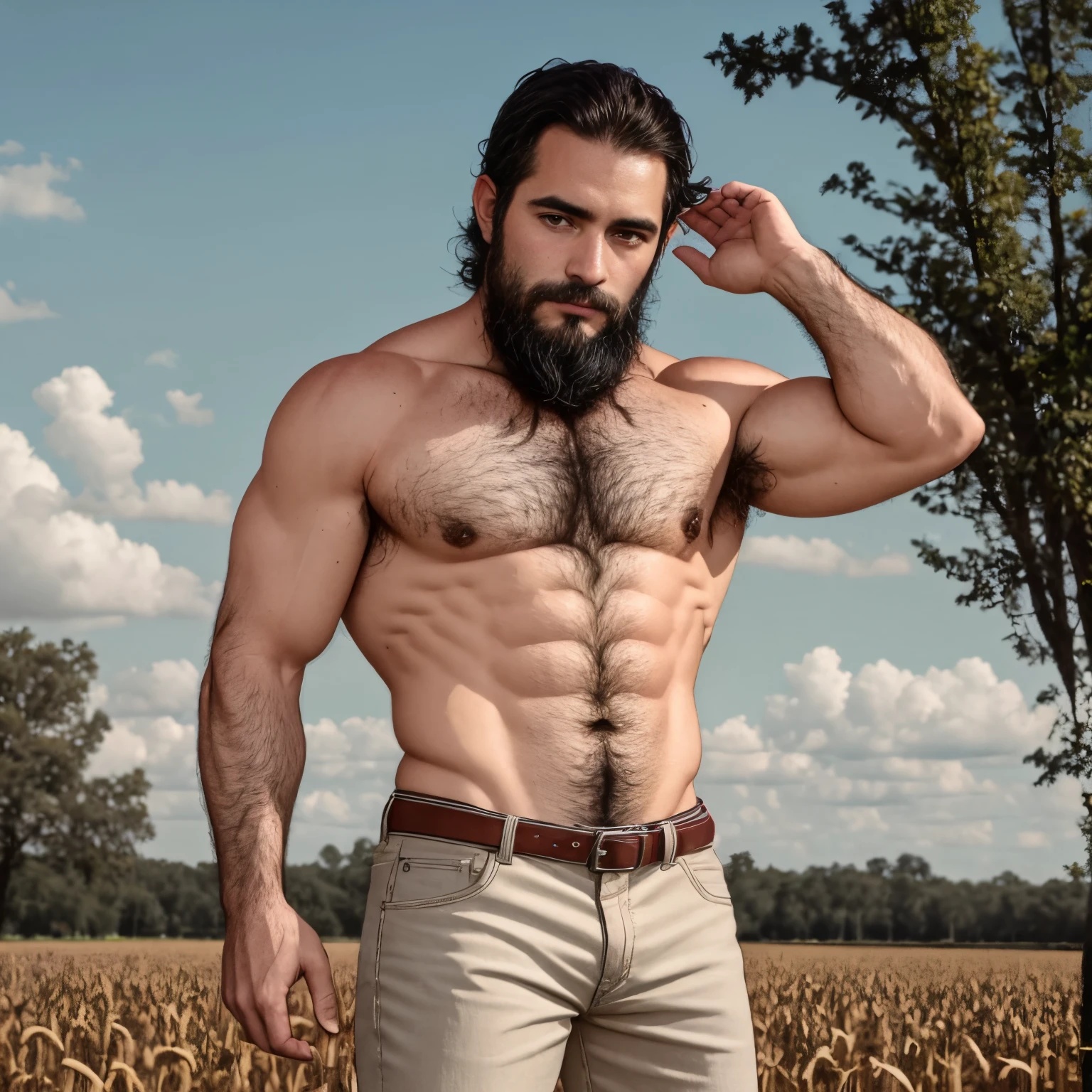 barbado, Shirtless man standing in front of a cornfield, pantalones vaqueros, Super buff y cool, pecho peludo y cuerpo peludo, pecho peludo, Pelo en el pecho, 30 years old man, inspirado en Maluma