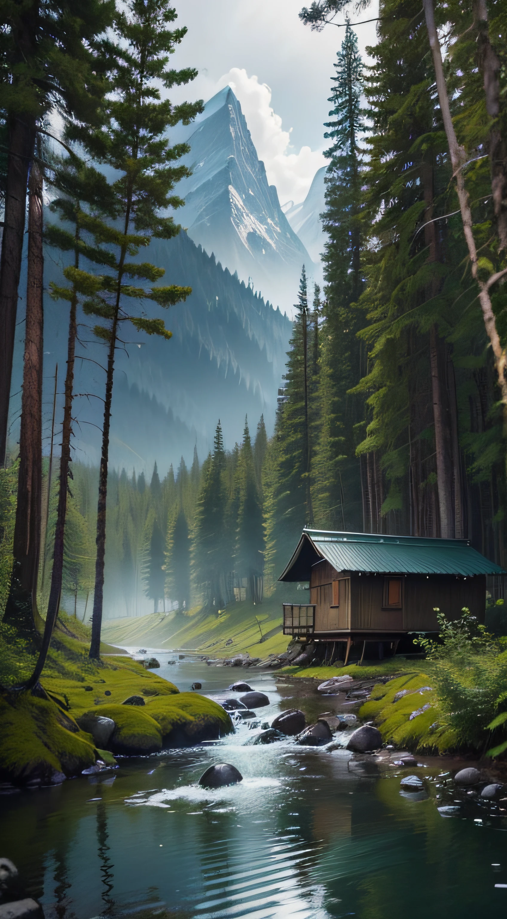 Beautiful in the foreground, atmospheric, Detailed forest.., Taiga, in the background there is a lonely little hut, a small calm forest river flows in the distance, atmosphere of calm and tranquility, Realistic rendering, natural lighting, Cool color scheme