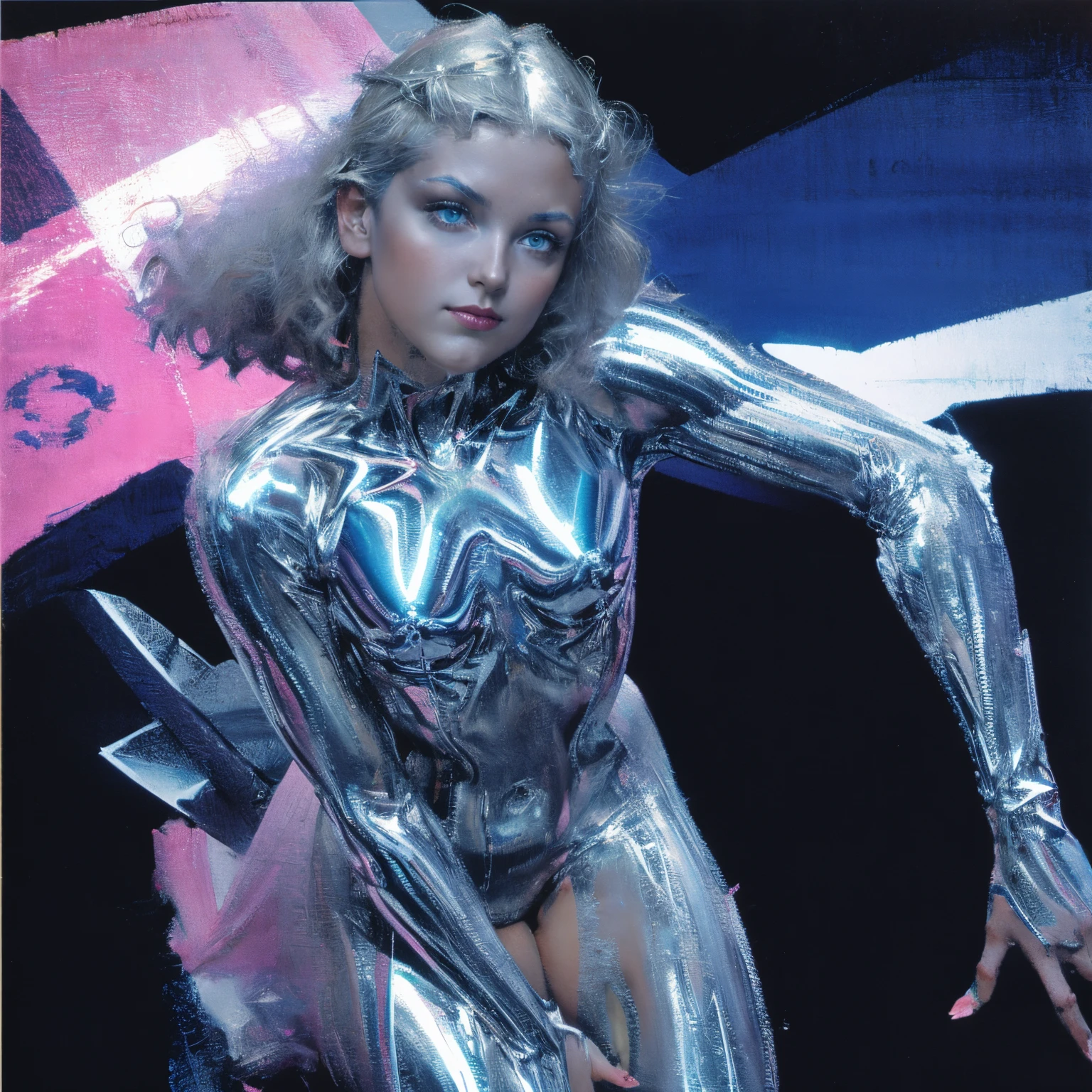 album art, metalic, aluminum emboss ten pointed star, sun and moon, metallic cosmos, baby blue, silvers, soft pink, neon colors, hyper pop, colorful, trippy, melty, psychedelic, y2k, symmetry, no text, image of a stick figure on stage with a spotlight shining down on it