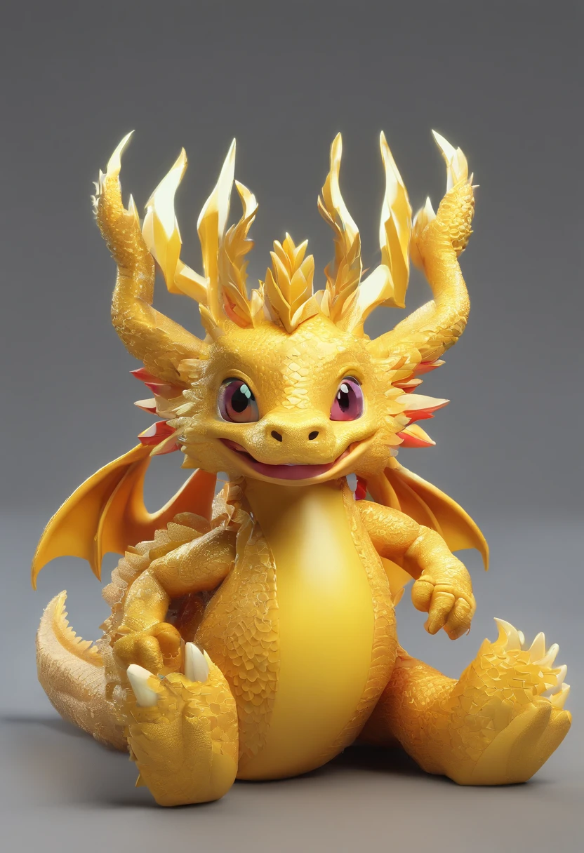 Yellow Dragon IP, eyes with brightness, Yellow wings,clay, modeled, Delicate gloss,clean backdrop, Good gloss, 3Drenderingof,Best quality at best、Dark and fluorescent world view,Frontal lighting,ultra - detailed、8k、Realistic depiction、Holding an ingot、Lively night market in the background、fire works、Firecrackers,oc rendered,hyper realisitc,Best quality,8K,Works of masters,ultradetailed