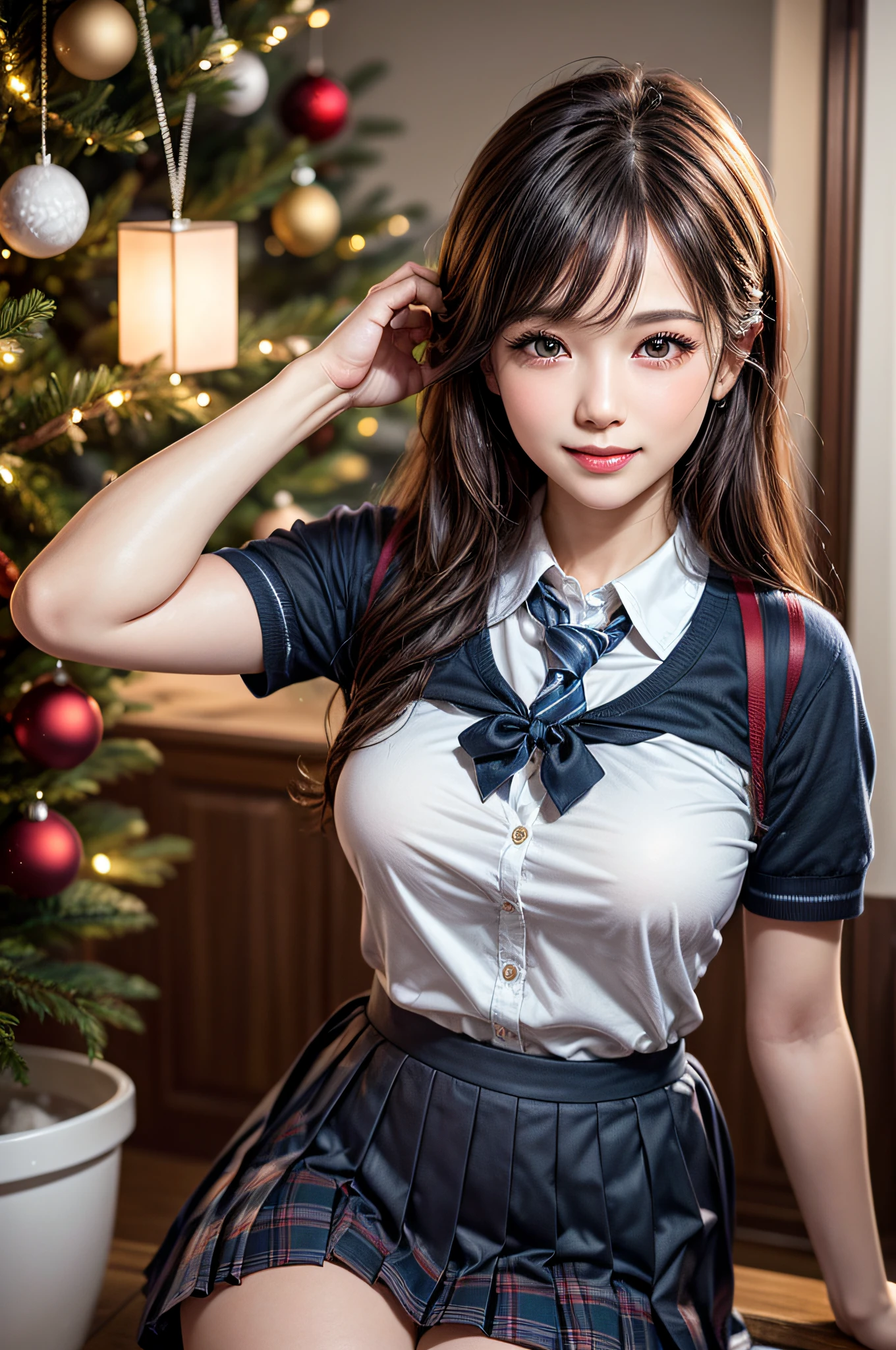 最high quality, 8K, Vibrant, Sharp focus, high quality, High resolution, (high school girl), (whole body), (Very slim and delicate body), Thin and beautiful legs, Thighs, Highly detailed eyes, Thick lips, Plump face, Collared shirt, Navy blue checkered long pleated skirt, Red bow tie, Braid, Glasses, A kind smile, (Big Breasts), Lie on your back in bed, (Open your legs wide to the sides), Beautiful vagina, ((Penis inserted into vagina)), ((Having sex)), ((From below)), (male gaze images)