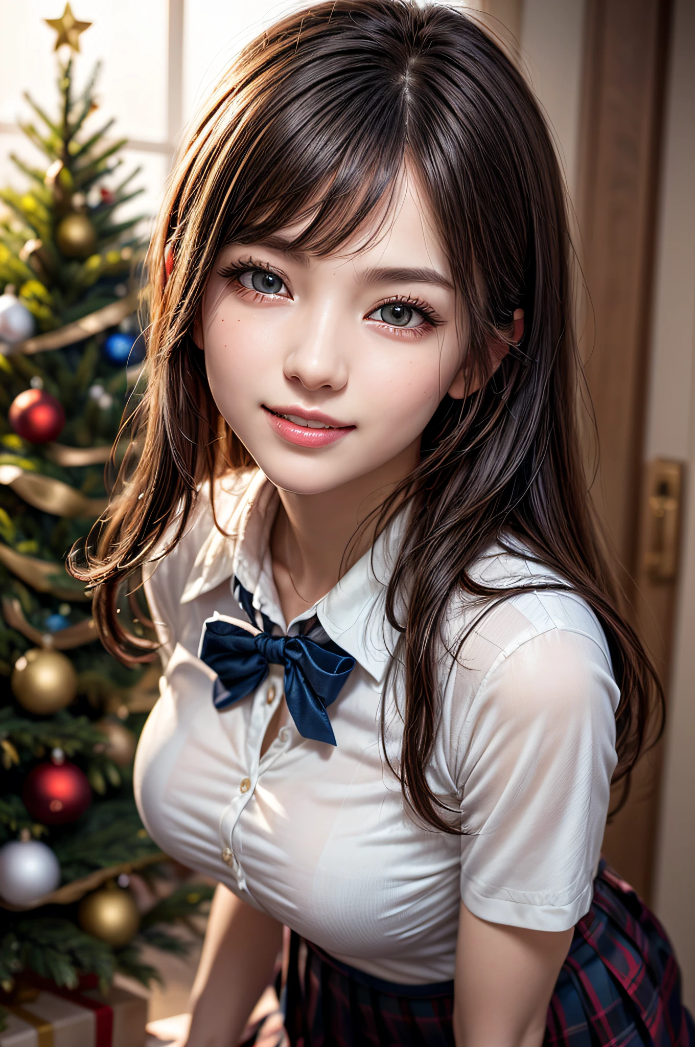 (1 cute girls), Extremely cute, Amazing face and eyes, (Beautiful lovely smile), (extremely detailed beautiful face), bright and shiny lips, (School uniform, Pleated skirt:1.3), (Best Quality:1.4), (hyper quality), (Ultra-detailed), (Hyper-realistic, Photorealsitic:1.37), Authentic skin texture, intricate-detail, extremely detailed CG unified 8k wallpaper, RAW Photos, professional photograpy, Cinematic lighting, Exposing, Christmas tree, Christmas Ornaments, Christmas Decorations, Christmas Lights, christmas lights,