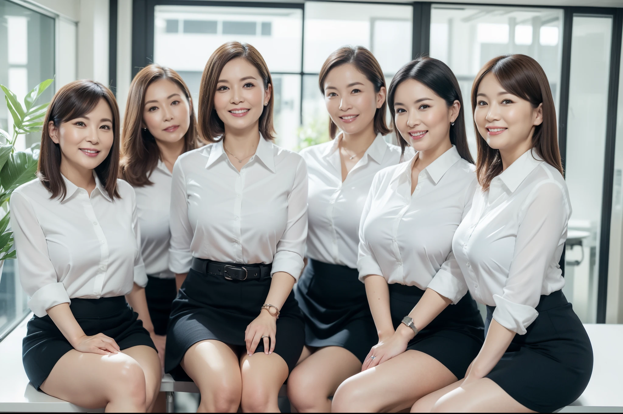 ((Best Quality, 8k, Masterpiecedetails, ultra-high resolution)), (group picture),(looking at the viewer), (full shot:), attractive business 5 milfs, 5 people, a bit chubby:0.25, seductive expression, white collared shirt, grey skirt, (sitting with cross legs on office desks)), smile, office of CEO,