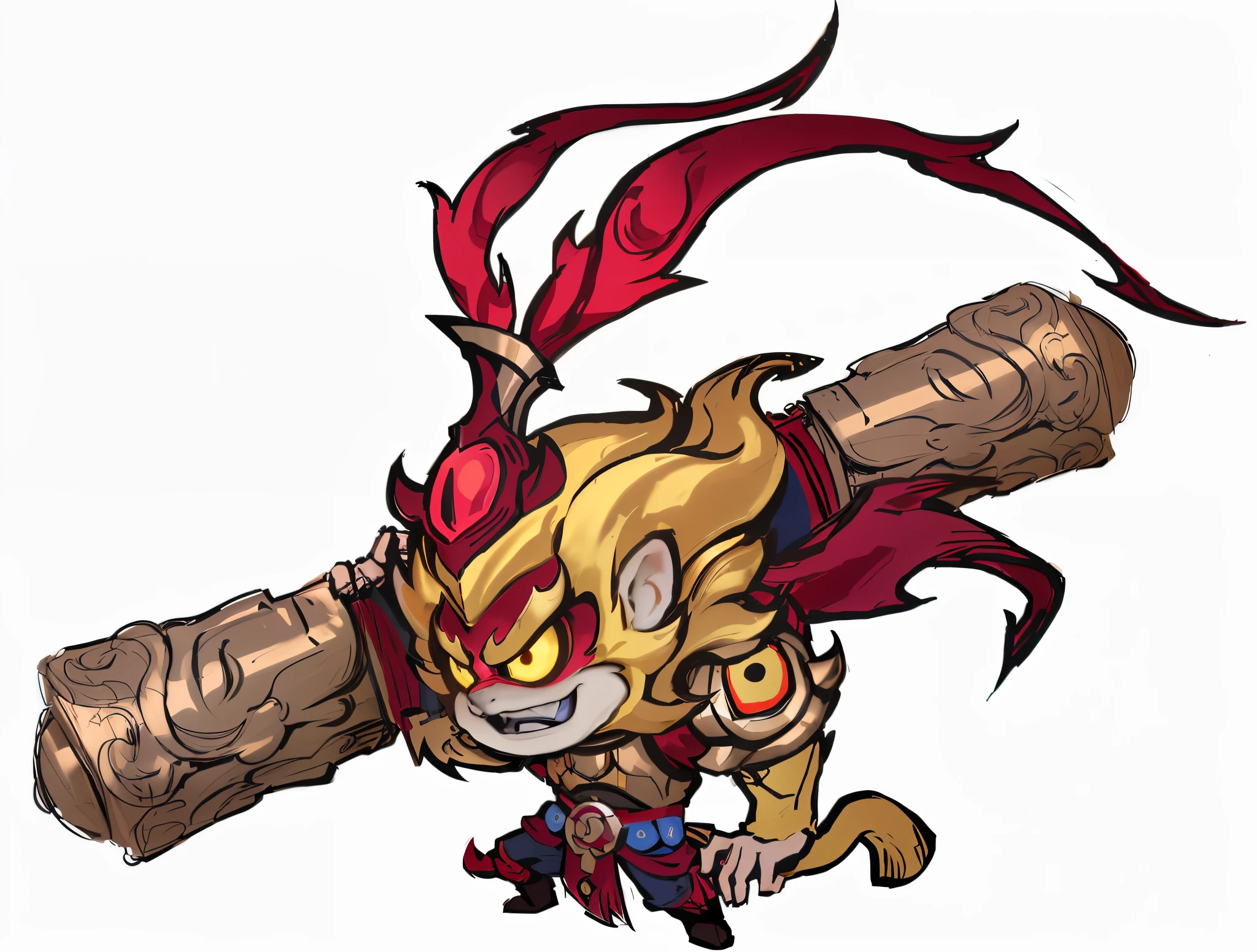 Cartoon image of a man holding a big wooden stick, sun wukong, Wukong, Maple Leaf Story character art, The legendary spear-bearing god, Monkey king, as a badass monster hunter, Official character art, G Liulian art style, Dog-faced muscle leprechaun, onmyoji detailed art, 《whack》Nezha is here, monster hunter monster