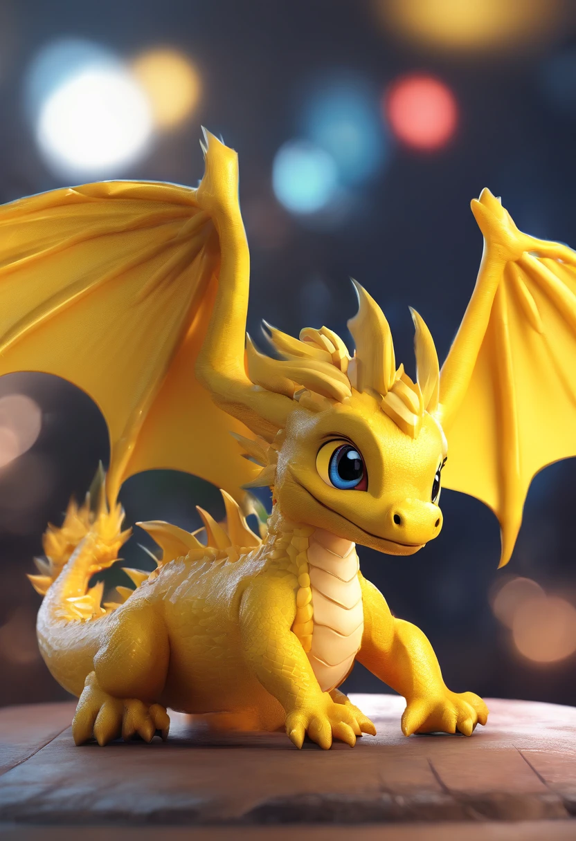 Cute yellow  dragon IP, Smooth and delicate skin，eyes with brightness, Yellow wings， modeled, Delicate gloss,clean backdrop, Good gloss, 3Drenderingof,Best quality at best、Dark and fluorescent world view，Frontal lighting，ultra - detailed、8ｋ、Realistic depiction、Holding an ingot、Lively night market in the background、fire works、Firecrackers，oc rendered，hyper realisitc，Best quality，8K，Works of masters，ultradetailed