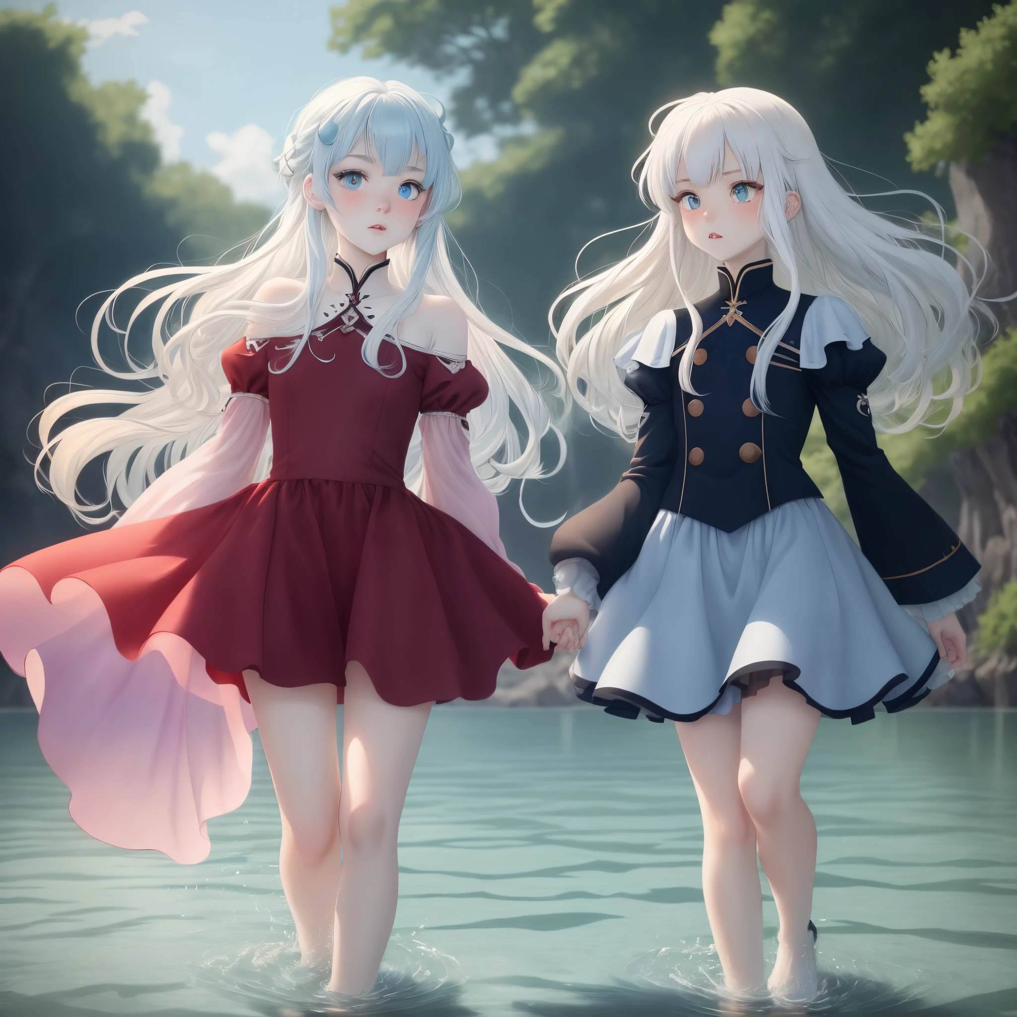 pale woman jellyfish style haircut with two long split pieces of hair in the back of her head, her hair is light blue almost white, wearing dark blue boy like prince attire, has heterochromia, teardrop shaped pupils, walking on water, anime style