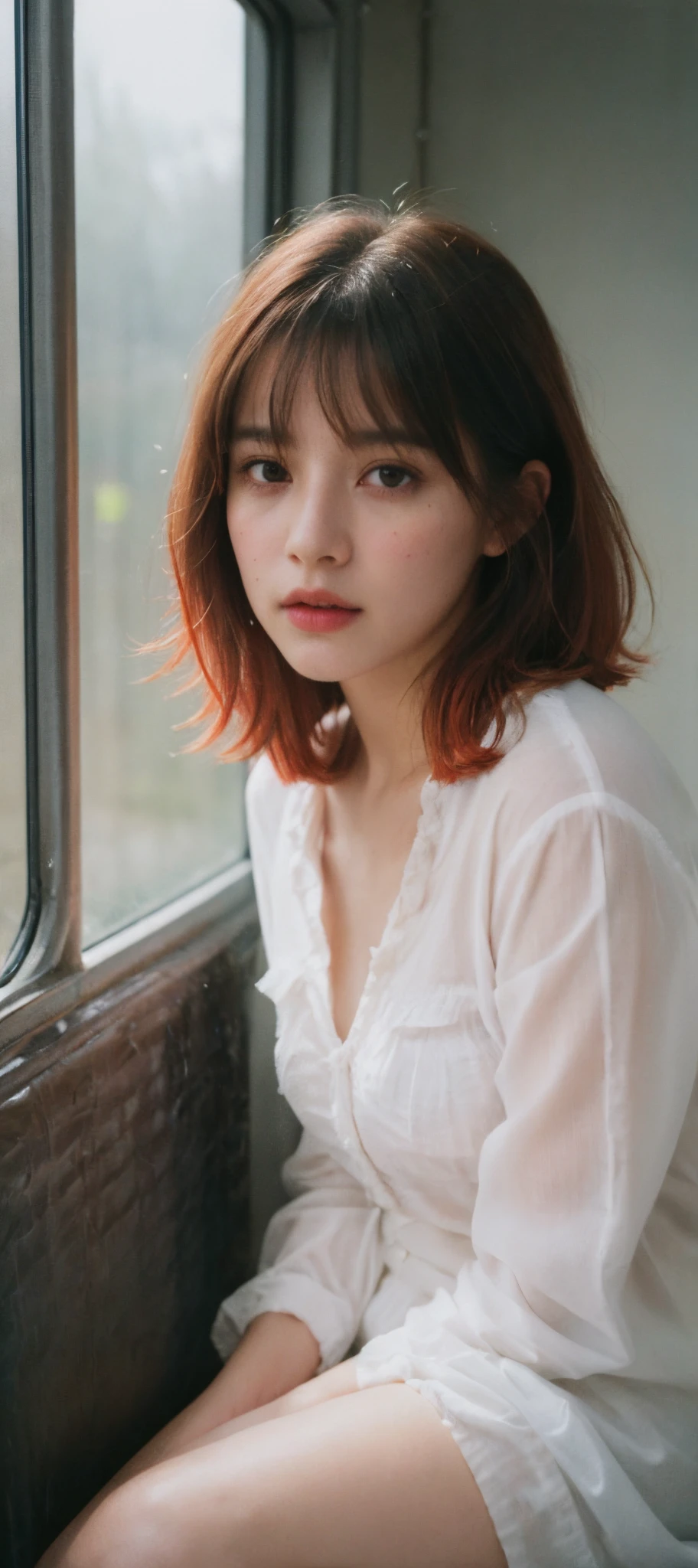 raw photo, (Polaroid photos, photos that look like they were taken with a Polaroid camera:1.1), Water drops on window, heavy rain outside, Strong fluorescent light, sitting woman, 25 yo, (bangs hair:1.2), (infrared hair, messy hair:1.36),faint lips, cowboy shot, front view, wear a miniskirt police costume , in the train, rural landscape, window, on seat, her peaceful expression and gentle breathing create a calming atmosphere,, natural skin texture, hyperrealism, hdr, hyperdetailed, RAW photo, photorealistic, best quality, highres, realistic, 8k, caustics, dynamic light, beautiful and delicate lips, delicate fingers, detailed pupil, real human skin,