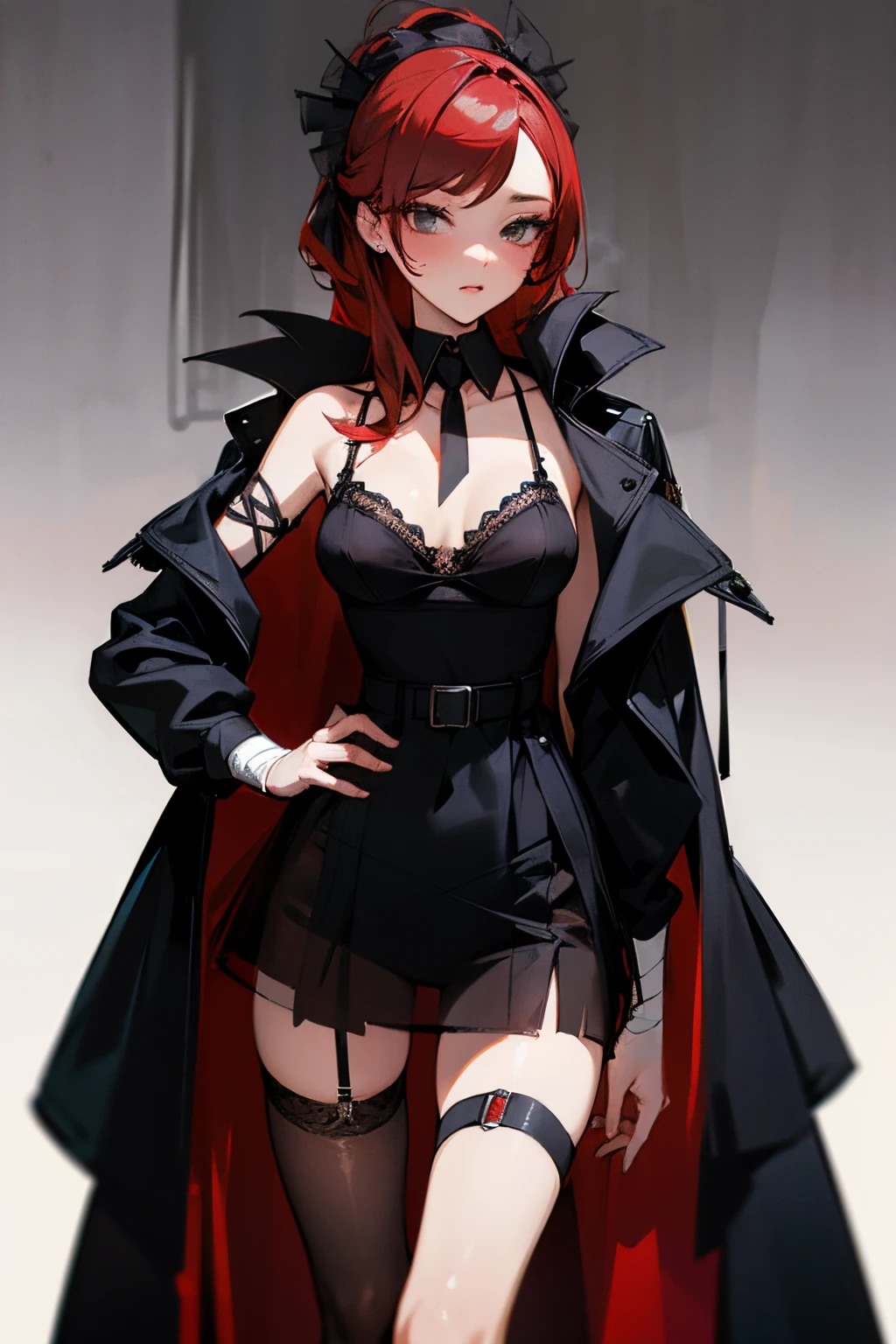 Girl wearing sexy lingerie, black tulle coat, red hair, tied with belt and bandage
