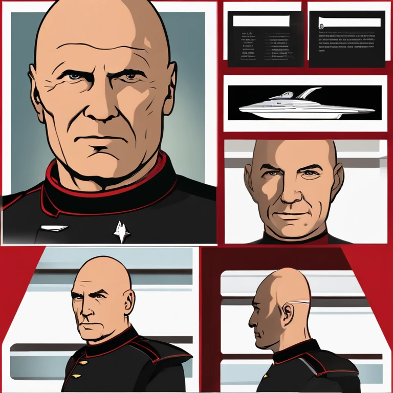 Picard is bald, with a poised, upright bearing, and a measured, commanding presence that complements his tactical brilliance. His visage is marked by sharp, discerning eyes and a stately air, often clad in the sleek, red and black Starfleet uniform that denotes his rank and the respect he commands as captain,Star Trek: The Next Generation,Picard is bald, with a poised, upright bearing, and a measured, commanding presence that complements his tactical brilliance. His visage is marked by sharp, discerning eyes and a stately air, often clad in the sleek, red and black Starfleet uniform that denotes his rank and the respect he commands as captain, male,face,photo