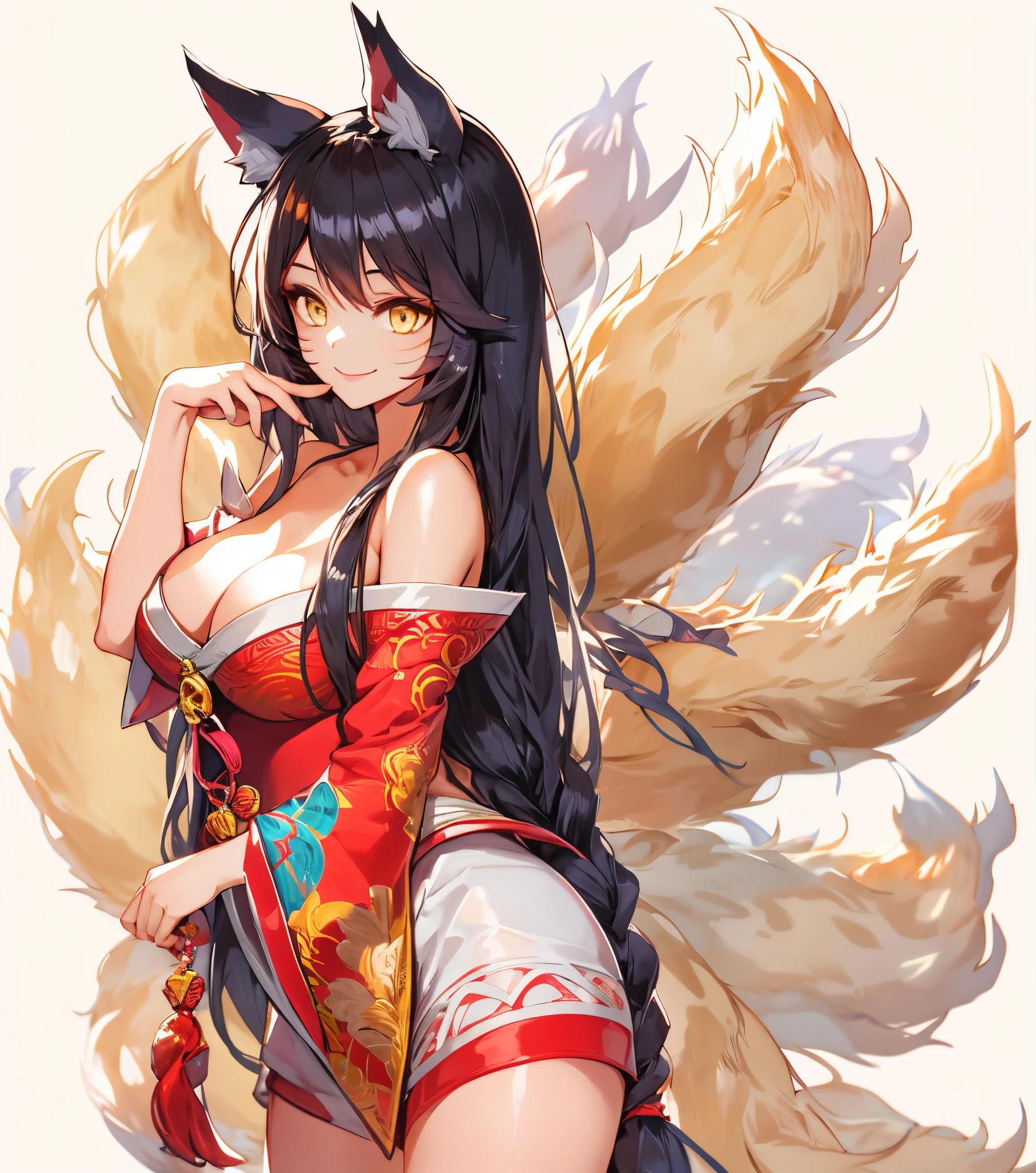 masterpiece,best quality,1girl,yellow eyes,long hair,(Ahri),black hair,standing,nine tails,smile,natural,hair accessory,animal ears,bridge,best quality,1 busty girl,inksahli,multitails , foxtail, forked tail, nine fluffy tails, seductive smile, ((blank background))