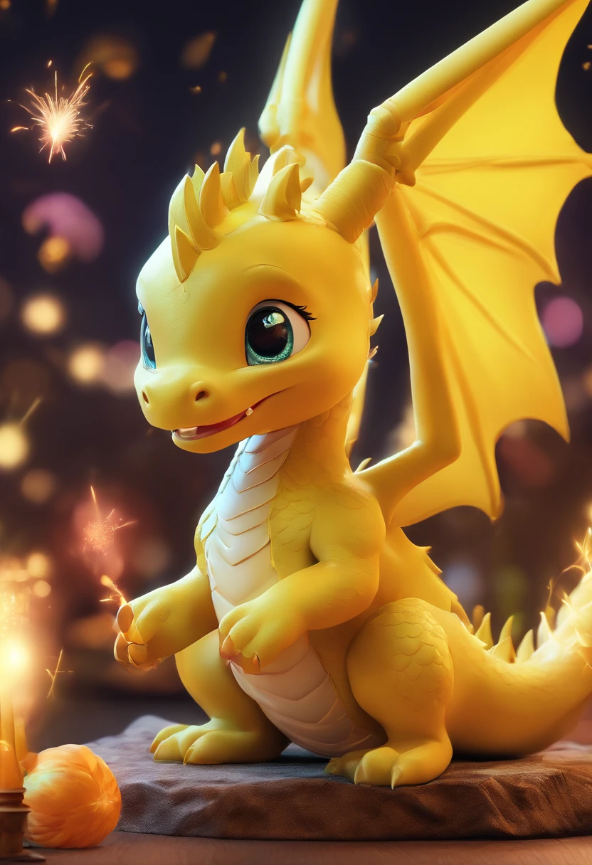 Cute yellow baby dragon IP sitting in a cornucopia，Smooth and delicate skin，eyes with brightness, Yellow wings， modeled, Delicate gloss,clean backdrop, Good gloss, 3Drenderingof,Best quality at best、Dark and fluorescent world view，Frontal lighting，ultra - detailed、8ｋ、Realistic depiction、Holding an ingot、Lively night market in the background、fire works、Firecrackers，oc rendered，hyper realisitc，Best quality，8K，Works of masters，ultradetailed