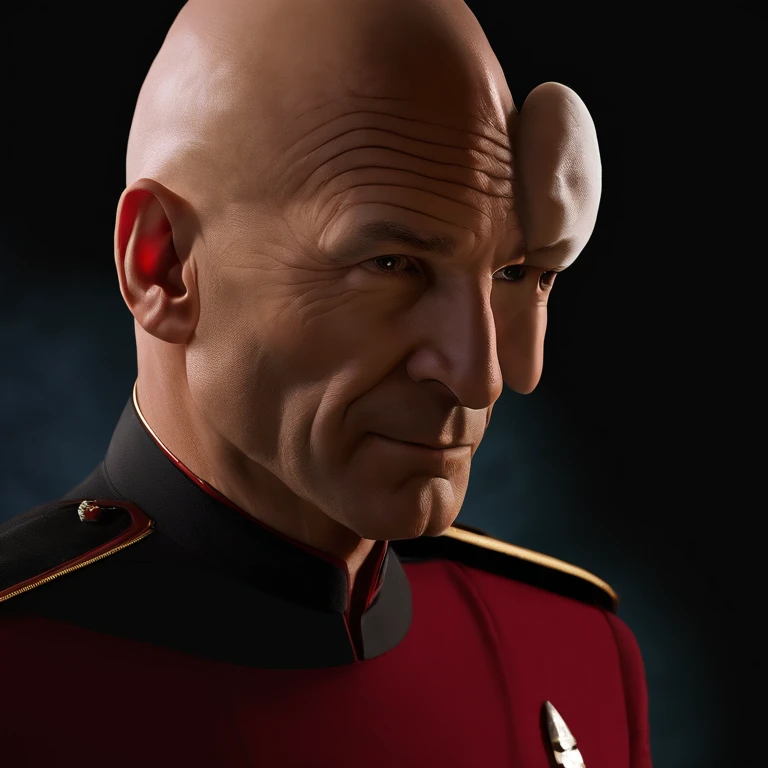 Picard is bald, with a poised, upright bearing, and a measured, commanding presence that complements his tactical brilliance. His visage is marked by sharp, discerning eyes and a stately air, often clad in the sleek, red and black Starfleet uniform that denotes his rank and the respect he commands as captain,Star Trek: The Next Generation,Picard is bald, with a poised, upright bearing, and a measured, commanding presence that complements his tactical brilliance. His visage is marked by sharp, discerning eyes and a stately air, often clad in the sleek, red and black Starfleet uniform that denotes his rank and the respect he commands as captain, male,face,photo