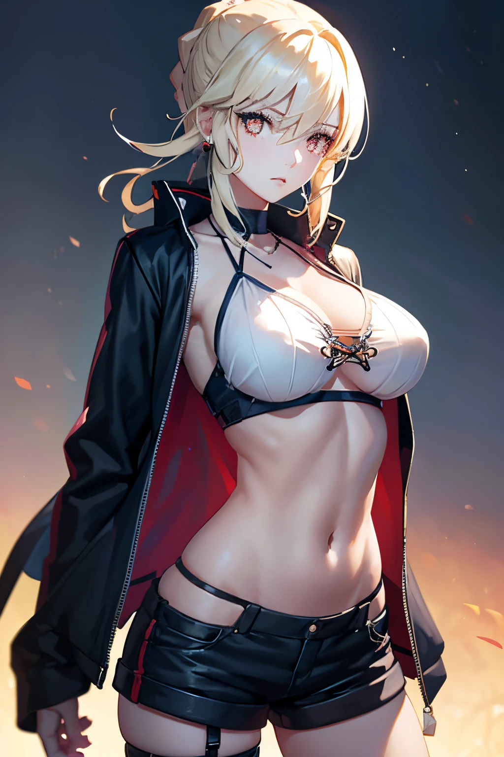 1girl, red eyes, breasts, large breasts, shorts, crop top clothing, shot_jacket looking at viewer, thigh strap, (ultra-detailed)), ((illustration)), ((disheveled hair)), (beautiful detailed eyes), beautiful, amazing, detailed eyes, (((masterpiece))), (realistic:0.5), best quality, female, seductive anime girl, breasts and nsfw, beautiful alluring anime woman, beautiful alluring anime teen, (anime girl), with a large breasts, [ 4 k digital art ]!!, attractive anime girl, beautiful anime girl, sexy girl, anime girl, anime girls, kantai collection style, masterpiece, nsfw, best quality, masterpiece, best quality,official art,extremely detailed CG unity 8k wallpaper, hair slicked back, earrings, necklace, freckles, looking at viewer, bokeh background,body facing camera, close-up,