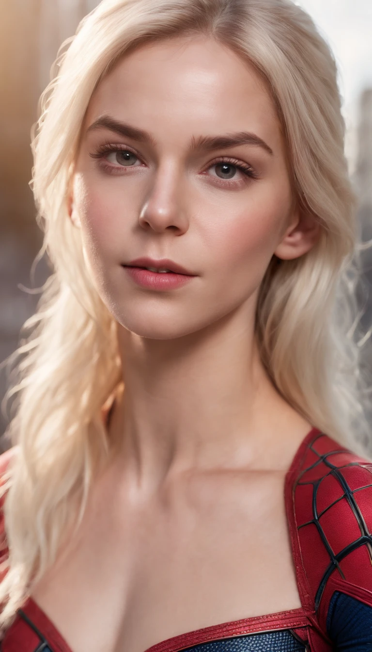Spiderman no mask, blonde hair, smelling, Realism, Hyperrealism, cinematic lighting, sparkle, Fujifilm, wide shot, Wide-Angle, best quality