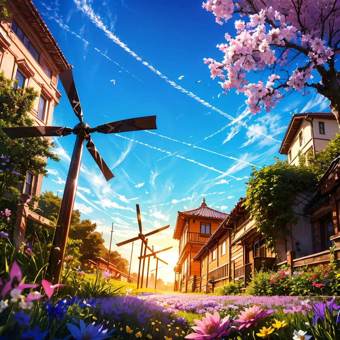 ​masterpiece, top-quality, (hight resolution:1.2), (extremely detailed CG unified 8k wallpaper), (Stylish design:1.4), (Beautiful lighting,光线追踪), (35mmF/1.8, captured on canon eos r 6), (Detailed wind turbine),(A wide variety of flowers), (Extensive flower garden),Extraordinary image,stunning landscape,natural beauty,Vibrant colors,serene ambiance,Impressive details,Dreams,tranquil surroundings,Calm and harmony,tranquil surroundings,sunny sky,gentle wind,(Dancing Flowers,Delicate petals),warm sunlight,(Soft pastel colors),Exquisite craftsmanship,Precise brushwork,lifelike textures,Realistic depiction,magical feeling vibes,A moment of bliss,Totally captivating,ethereal beauty,Tranquility at its best