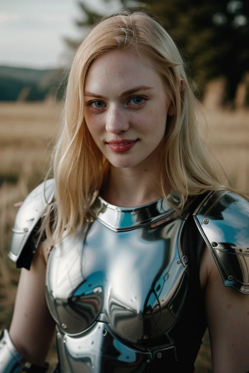 Ultra realistic photography of dbwl woman with many huge beauty marks on her natural pale white skin  ,    full body portrait   ,  SFW,  (((wearing chrome knight armor))), 
,  
 ((fighting stance)),   natural (  pale light blonde eyelashes) , blue eyes, medieval background,
 detailed Natural pale white skin  with (many huge round beauty marks) , smile, light pale blonde eyebrows,
 in frame,  happy, 
detailed, natural light blonde,  outdoors, sunny, high resolution, photograph, RAW photo, cinematic lighting, chr0me4rmor, sexy