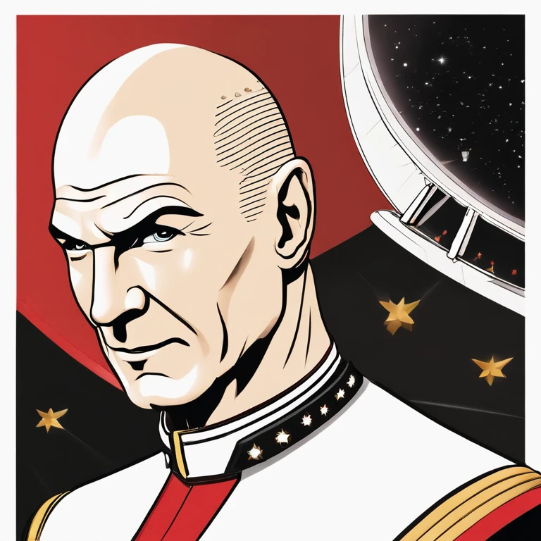 Picard is bald, with a poised, upright bearing, and a measured, commanding presence that complements his tactical brilliance. His visage is marked by sharp, discerning eyes and a stately air, often clad in the sleek, red and black Starfleet uniform that denotes his rank and the respect he commands as captain,Star Trek: The Next Generation,Picard is bald, with a poised, upright bearing, and a measured, commanding presence that complements his tactical brilliance. His visage is marked by sharp, discerning eyes and a stately air, often clad in the sleek, red and black Starfleet uniform that denotes his rank and the respect he commands as captain, male,face,photo