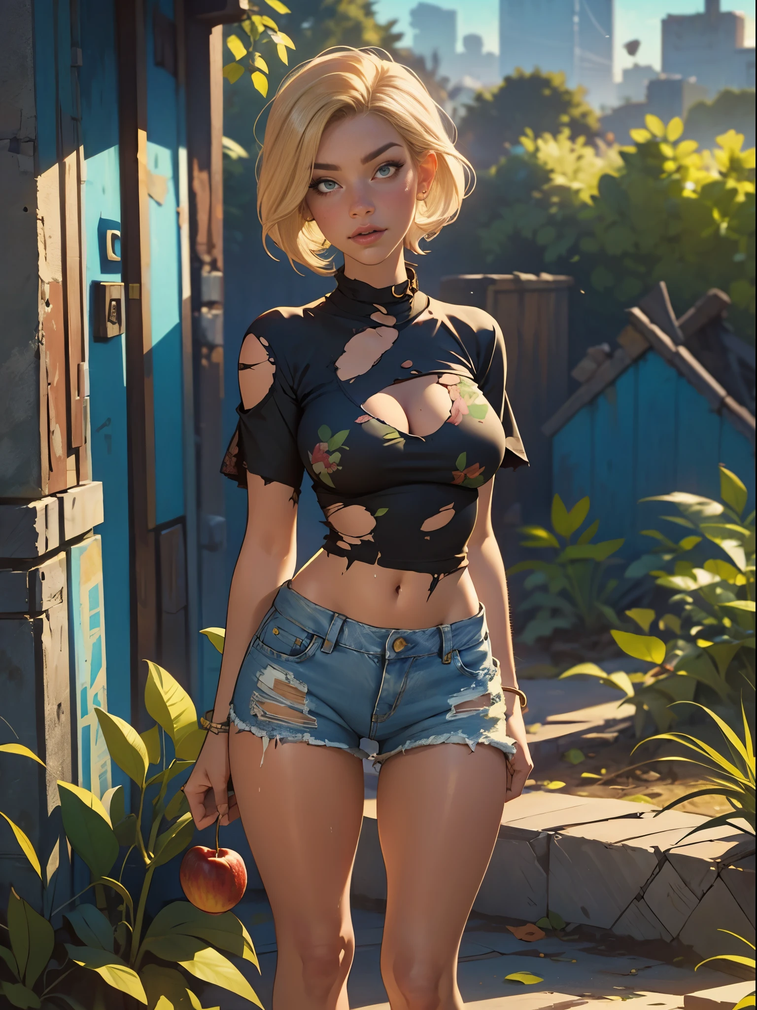 2076 year. The Urban Ruins of the Wasteland, Female huntress picking fruit in the garden, beautiful face, blonde, badly torn shirt and denim shorts , long legs, sweating through, sun rising, Nice warm colors, head to toe, full body shot, pretty hands, perfect fingers,