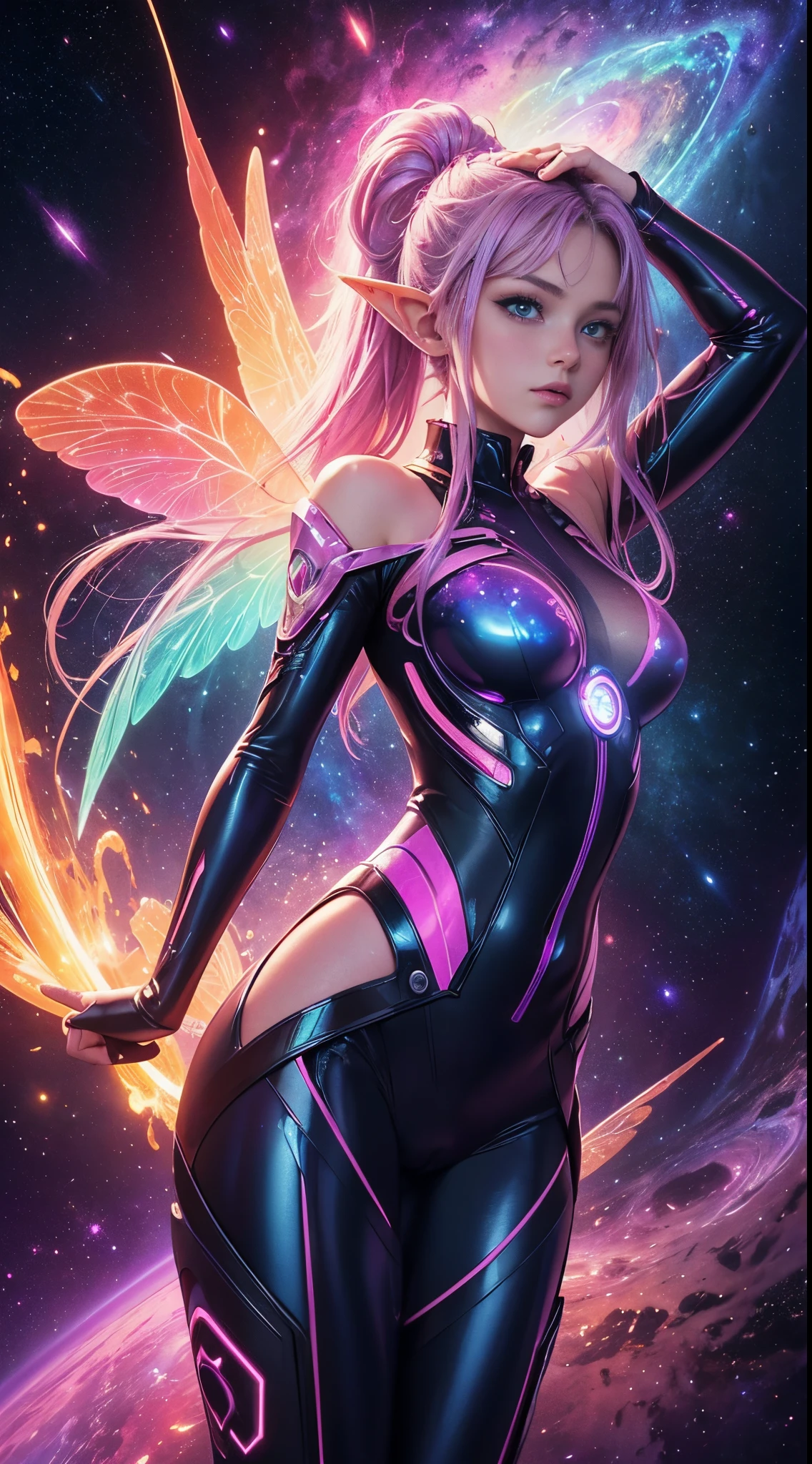 (masterpiece, top quality, best quality, official art, beautiful and aesthetic:1.2),(radial composition:1.2),(1 girl:1.2),a space elf with dragonfly_wings wearing bodysuit made of purple|pink polished (trasparent glowing amber:1.2),suspended in air,hoverings in space,filished (three dimensional polymer) /(texture/),cosmic neural network,(fluid pattern bodysuit:1.2),starry galaxy (nebula:1.2) in background,(iridescent,vivid fancy neon color),symmetrical balance,glowing rainbow color long hair,fantasy,ethereal,epic,(fractal),samo eggshell,