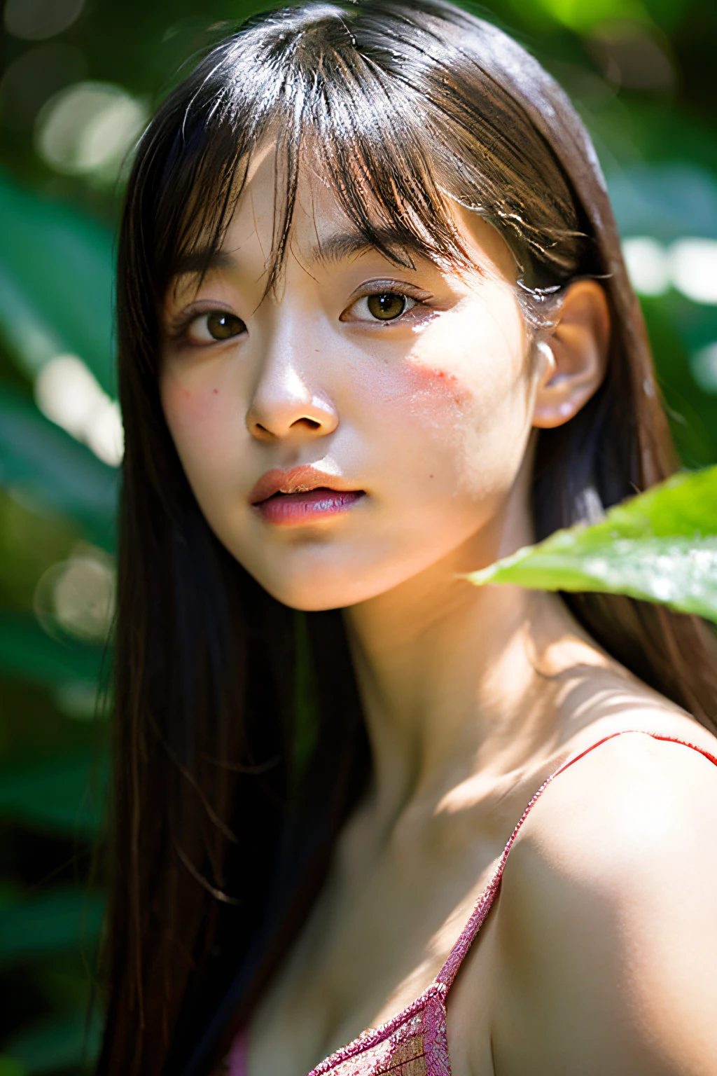 {top-quality}, {{masterpiece}}, {extremely delicate and beautiful},Outstanding light and shadow, highly detailed wallpaper,Clear and bright sunlight,1girl in,lightly dressed、gaze looking beyond,red blush,Strong sunshine,delicate and messy hair,realistic skin textures, Pronounced pores and skin wrinkles,tropical rainforest,((strong light shines on the face)), The upper part of the body, naked portrait, nude photography, detailed armpit, pussy pubic hair, shiny nipple