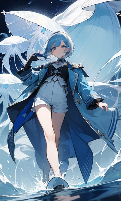 pale woman jellyfish style haircut with two long split pieces of hair in the back of her head , her hair is baby blue with white streaks, wearing dark blue boy like prince attire, has shorts on with old royal style blue jacket, has light blue dark blue heterochromia, teardrop shaped pupils, walking on water, anime style