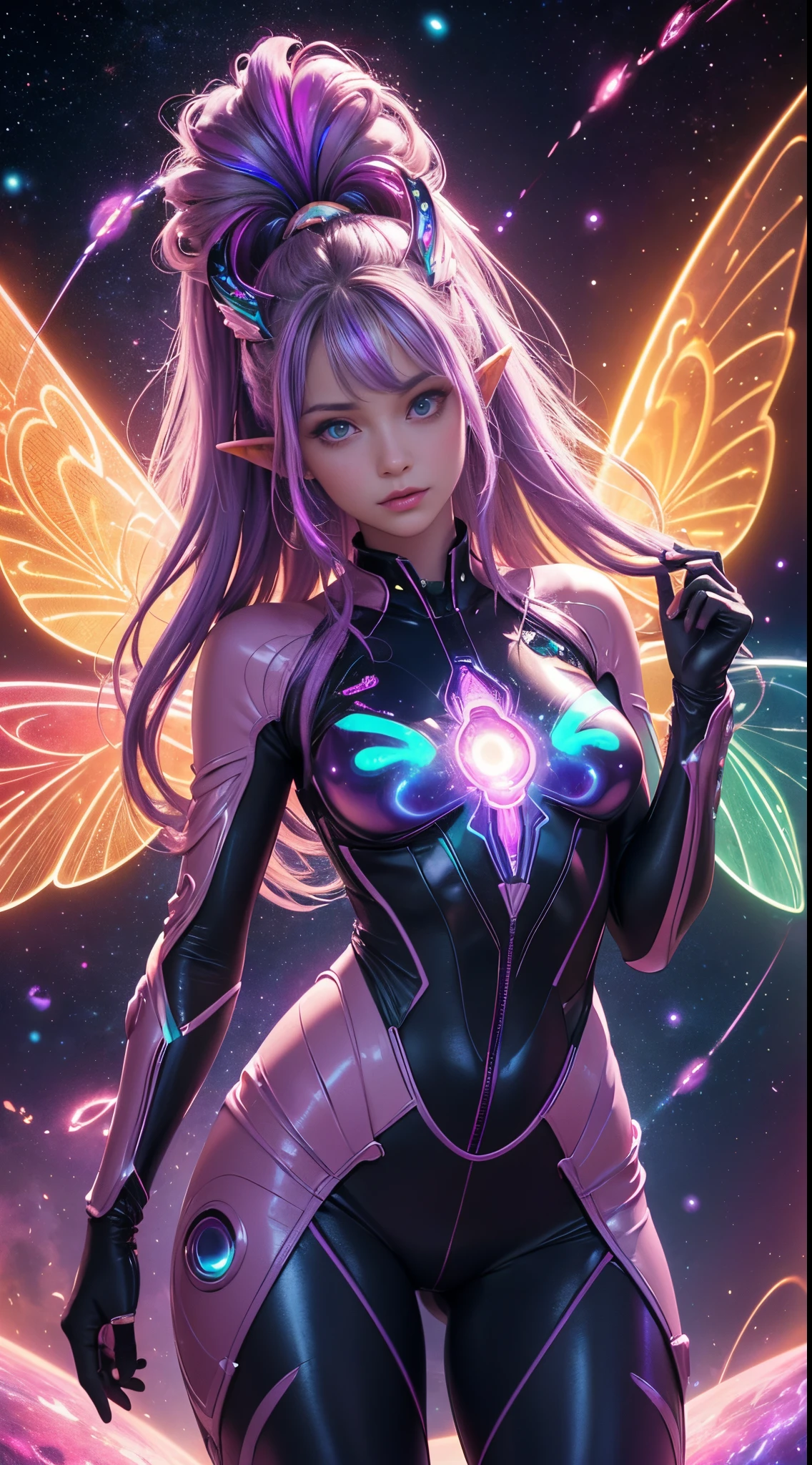 (masterpiece, top quality, best quality, official art, beautiful and aesthetic:1.2),(radial composition:1.2),(1 girl:1.2),a space elf with dragonfly_wings wearing bodysuit made of purple|pink polished (trasparent glowing amber:1.2),suspended in air,hoverings in space,filished (three dimensional polymer) /(texture/),cosmic neural network,(fluid pattern bodysuit:1.2),starry galaxy (nebula:1.2) in background,(iridescent,vivid fancy neon color),symmetrical balance,glowing rainbow color long hair,fantasy,ethereal,epic,(fractal),samo eggshell,