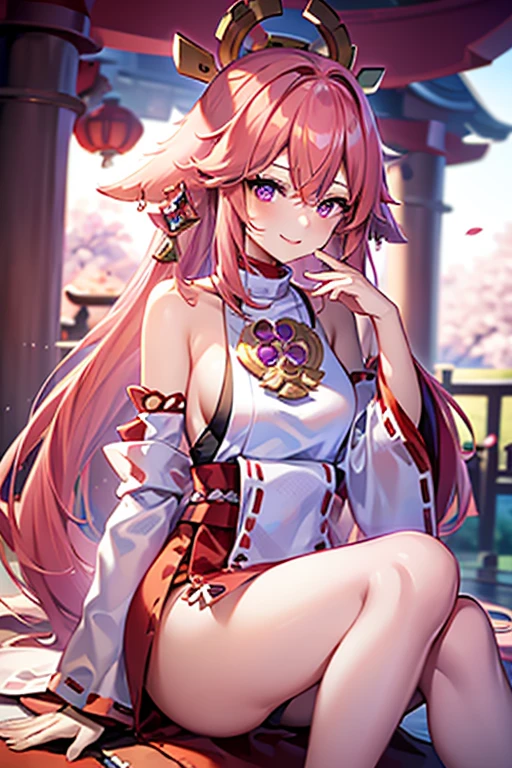 1 girl, (ulzzang- 6500:0.7), kpop idol, yae miko, single sleeve, bare shoulder, pink hair, long hair, japanese clothes, best quality, (drawings: 1.5), (hair accessories:1.35), jewelry, purple eyes, earrings, chest, torii, cherry blossom, lamp light, depth of field, face detail, face focus, ribbon, ribbon butt bon_trim (view: 1.25), non-traditional miko, glossy skin, long sleeves, smile, thick lips, game cg, hand on lips, east asian architecture, (blurred background:1.2), sitting, upper body,