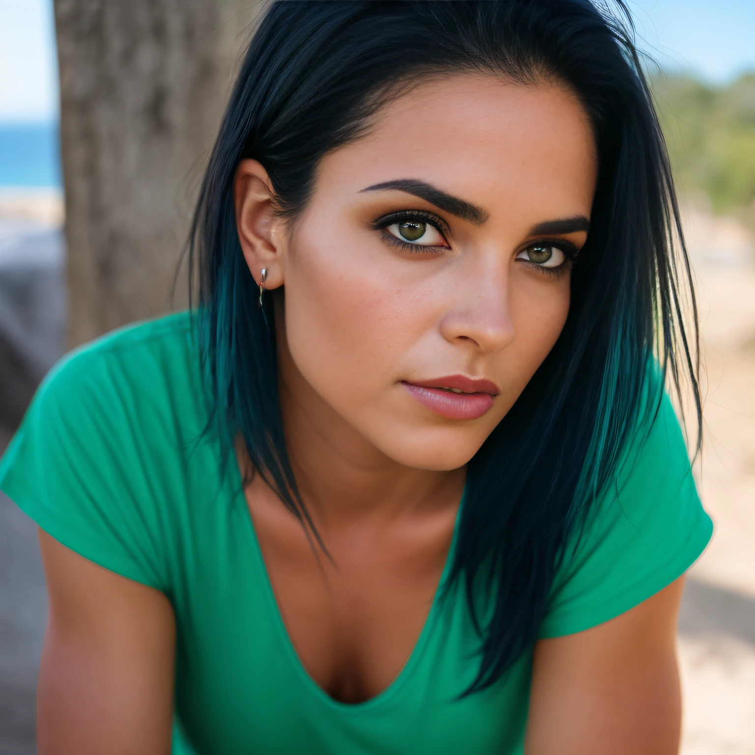 Mulher 30 anos adulta, Cabelo preto enrolado , musculoso, , em um nascer do sol na montanha, vestido,cumprido,azul,petroleo, supermodelo bronzeado muito escuro, beautiful face, olhos azuis, corpo detalhado, olhos perfeitos, rosto perfeito HDR, Fotoreal, fotografia, melhor qualidade,