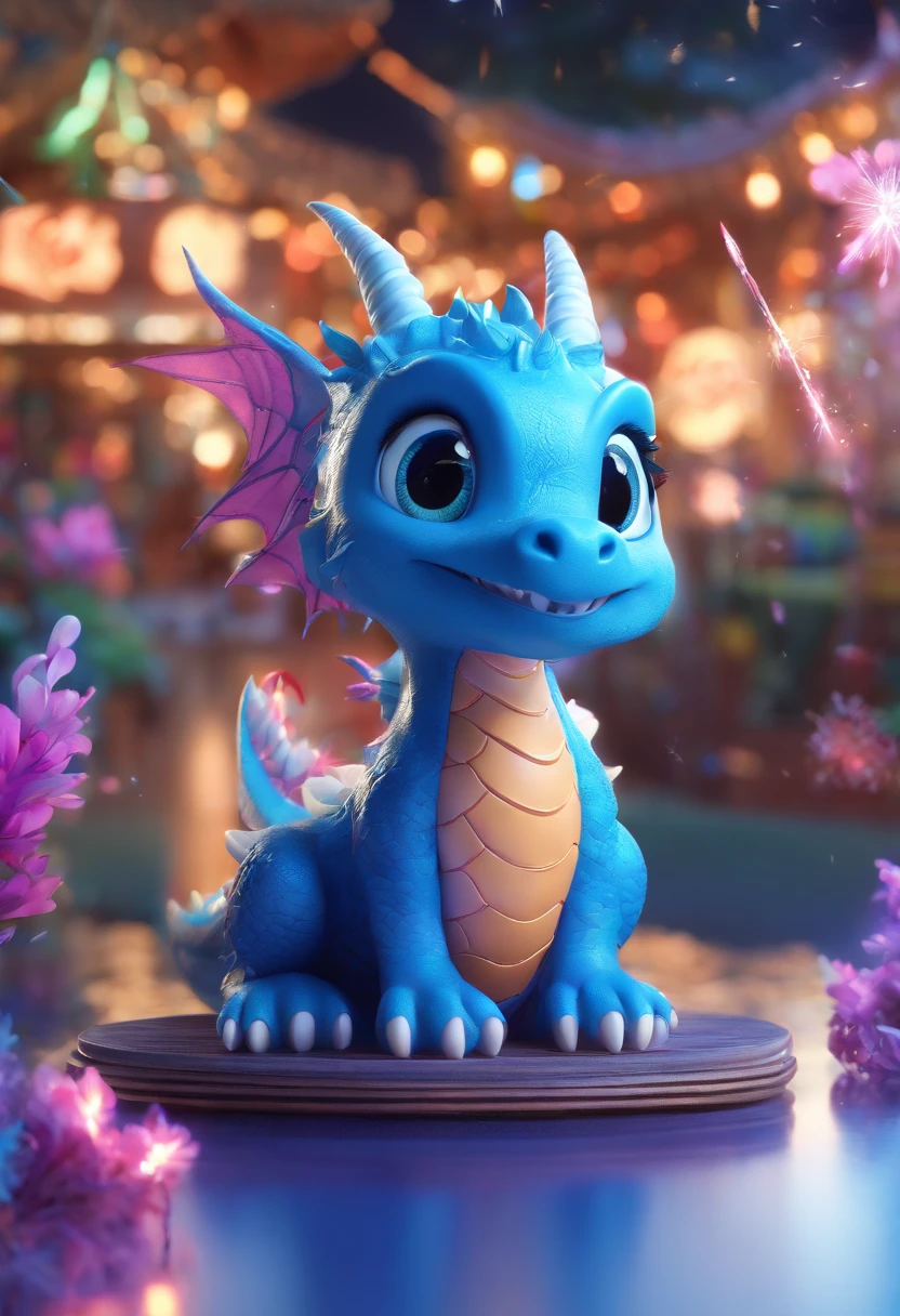 Cute blue baby dragon IP sitting in a cornucopia,Smooth and delicate skin,eyes with brightness, blue transparent wings, modeled, Delicate gloss,clean backdrop, Good gloss, 3Drenderingof,Best quality at best、Dark and fluorescent world view,ultra - detailed、8k、Realistic depiction、Lively night market in the background、fire works、Firecrackers,oc rendered,hyper realisitc,Best quality,8K,Works of masters,ultradetailed,