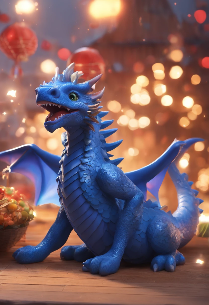 Cute blue dragon IP sitting in a cornucopia,Smooth and delicate skin,eyes with brightness, blue transparent wings, modeled, Delicate gloss,clean backdrop, Good gloss, 3Drenderingof,Best quality at best、Dark and fluorescent world view,ultra - detailed、8k、Realistic depiction、Lively night market in the background、fire works、Firecrackers,oc rendered,hyper realisitc,Best quality,8K,Works of masters,ultradetailed,