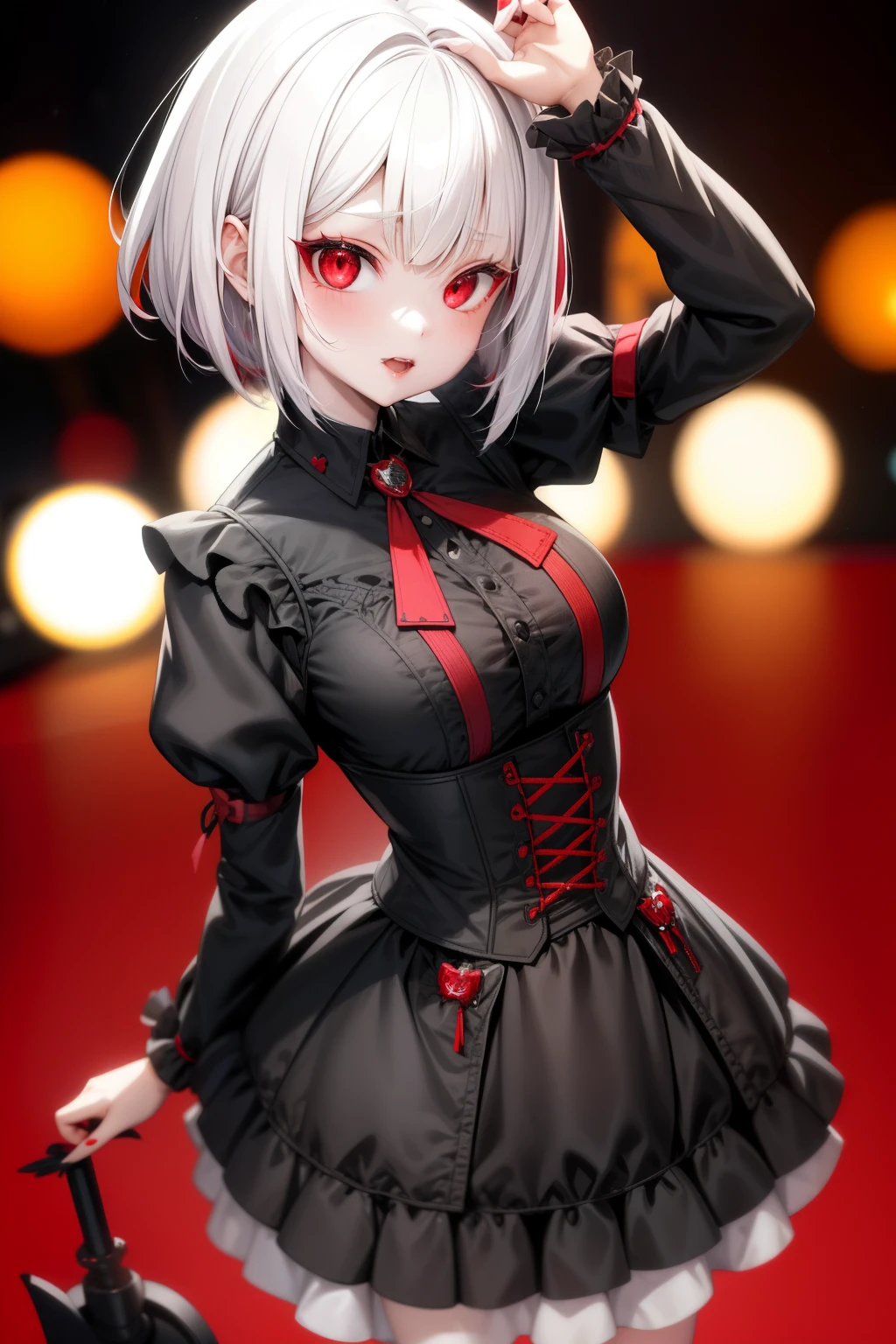 cute girl, Vampire girl, She has short white hair, bright red eyes, a tilted camera, and a blurry background