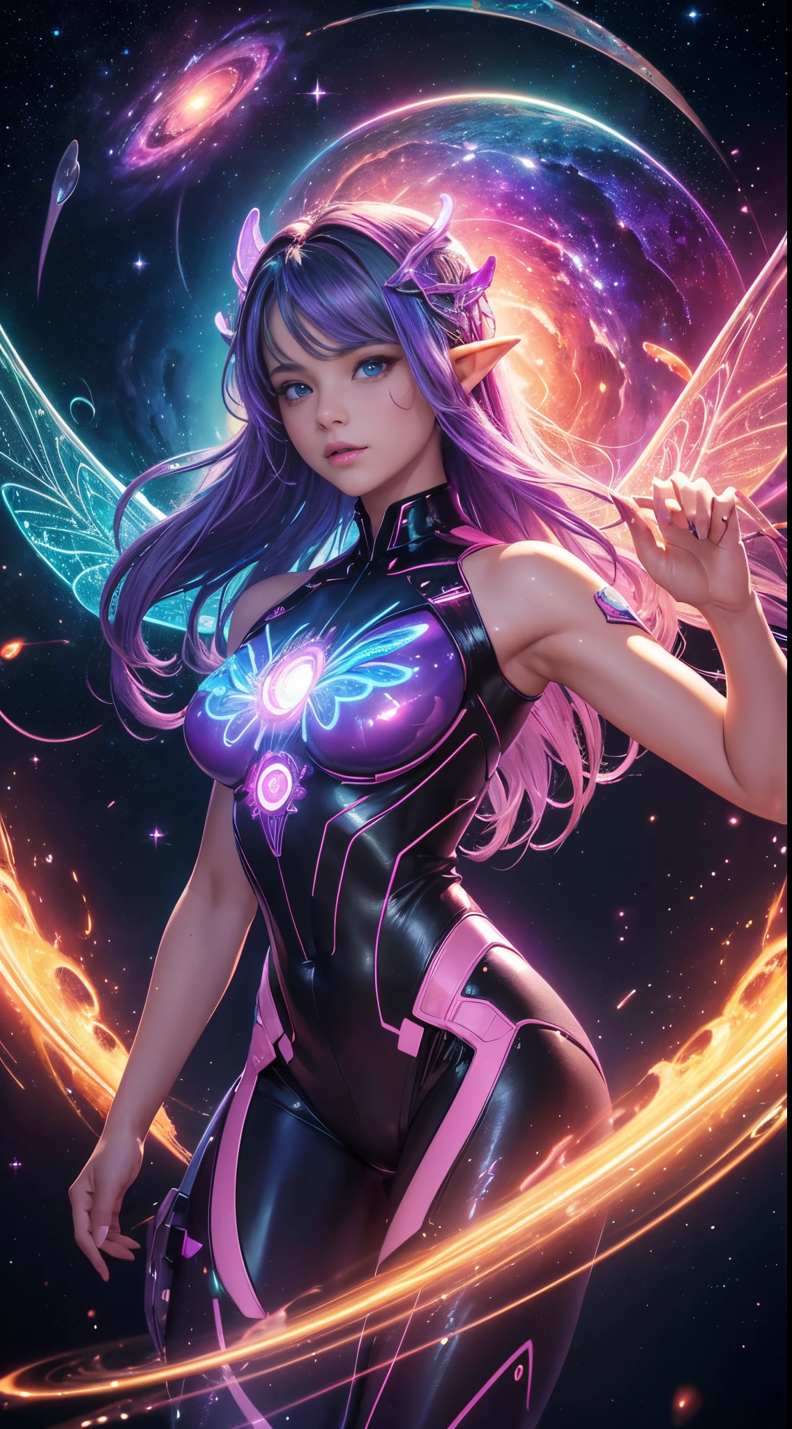 (masterpiece, top quality, best quality, official art, beautiful and aesthetic:1.2),(radial composition:1.2),(1 girl:1.2),a space elf with dragonfly_wings wearing bodysuit made of purple|pink polished (trasparent glowing amber:1.2),suspended in air,hoverings in space,filished (three dimensional polymer) /(texture/),cosmic neural network,(fluid pattern bodysuit:1.2),starry galaxy (nebula:1.2) in background,(iridescent,vivid fancy neon color),symmetrical balance,glowing rainbow color long hair,fantasy,ethereal,epic,(fractal),samo eggshell,