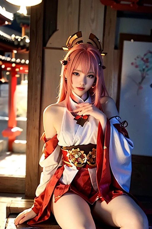 1 girl, (ulzzang- 6500:0.7), kpop idol, yae miko, single sleeve, bare shoulder, pink hair, long hair, japanese clothes, best quality, (drawings: 1.5), (hair accessories:1.35), jewelry, purple eyes, earrings, chest, torii, cherry blossom, lamp light, depth of field, face detail, face focus, ribbon, ribbon butt bon_trim (view: 1.25), non-traditional miko, glossy skin, long sleeves, smile, thick lips, game cg, hand on lips, east asian architecture, (blurred background:1.2), sitting, upper body,