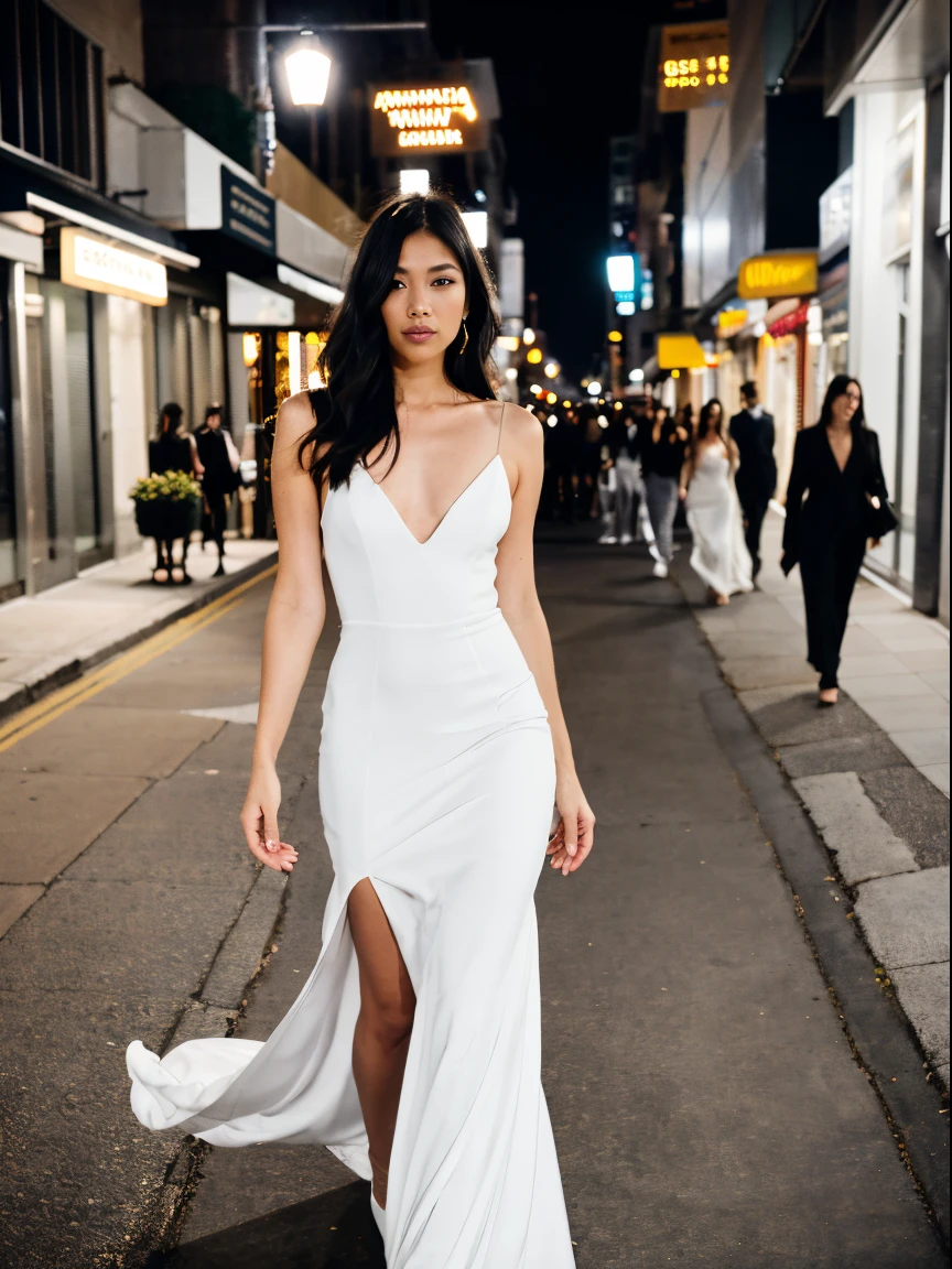 arafed woman in a white dress walking down a street at night, by Marshall Arisman, white gown, by William Berra, shot on canon eos r5, shot on canon eos r 5, flowing gown, high - end fashion photoshoot, wearing long gown, shot on leica sl2, jen yoon, wearing an evening gown, editorial fashion photography, gemma chen