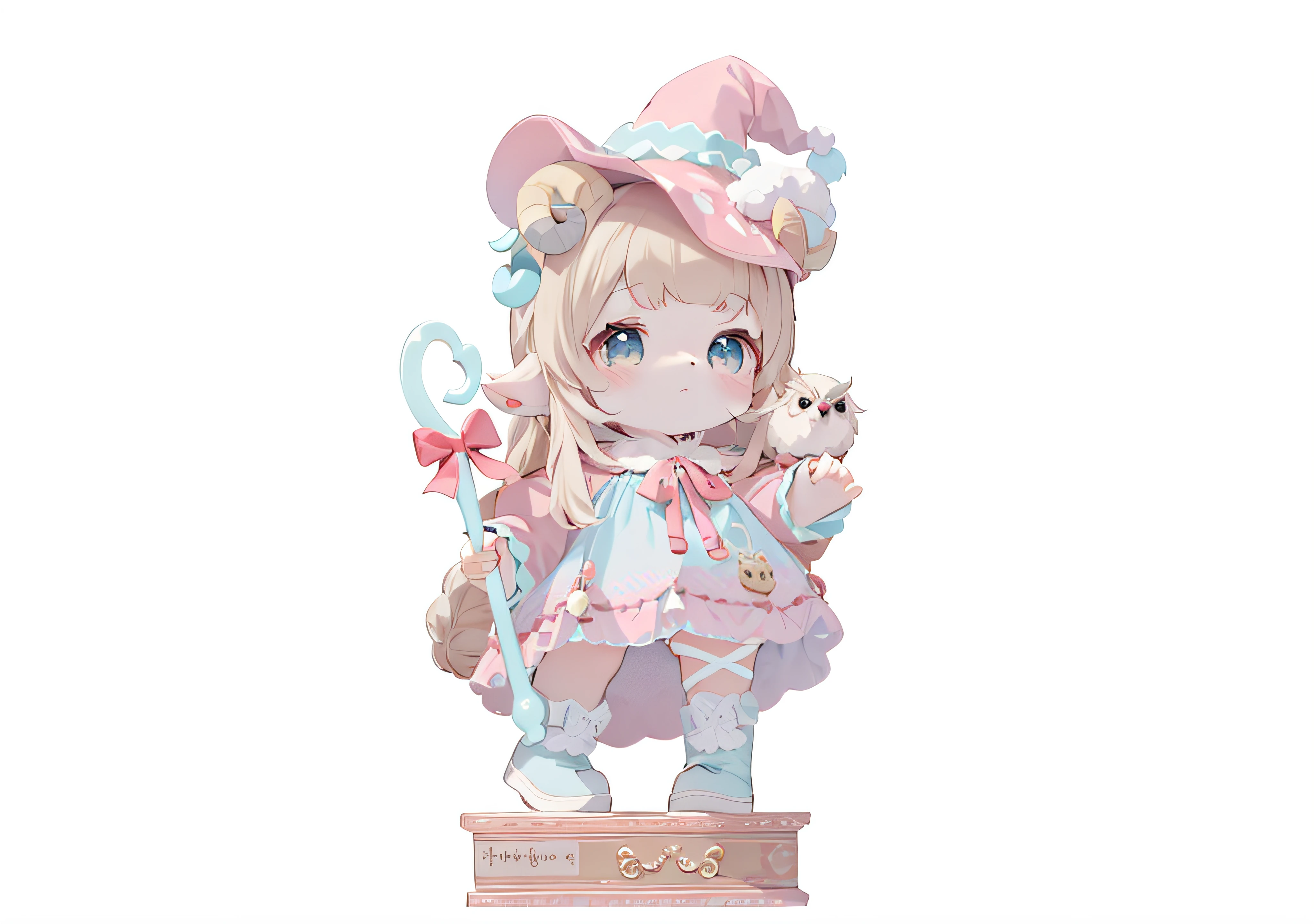 sheep horns ,ta prostitute , cute character, ,lolitures,lalafell, small loli gird,Two-dimensional,,Celluloid,k hd,8K,,owl on shoulder,With a wand in his hand,,Wizard's Hat,structurally correct ,Q version is very cute