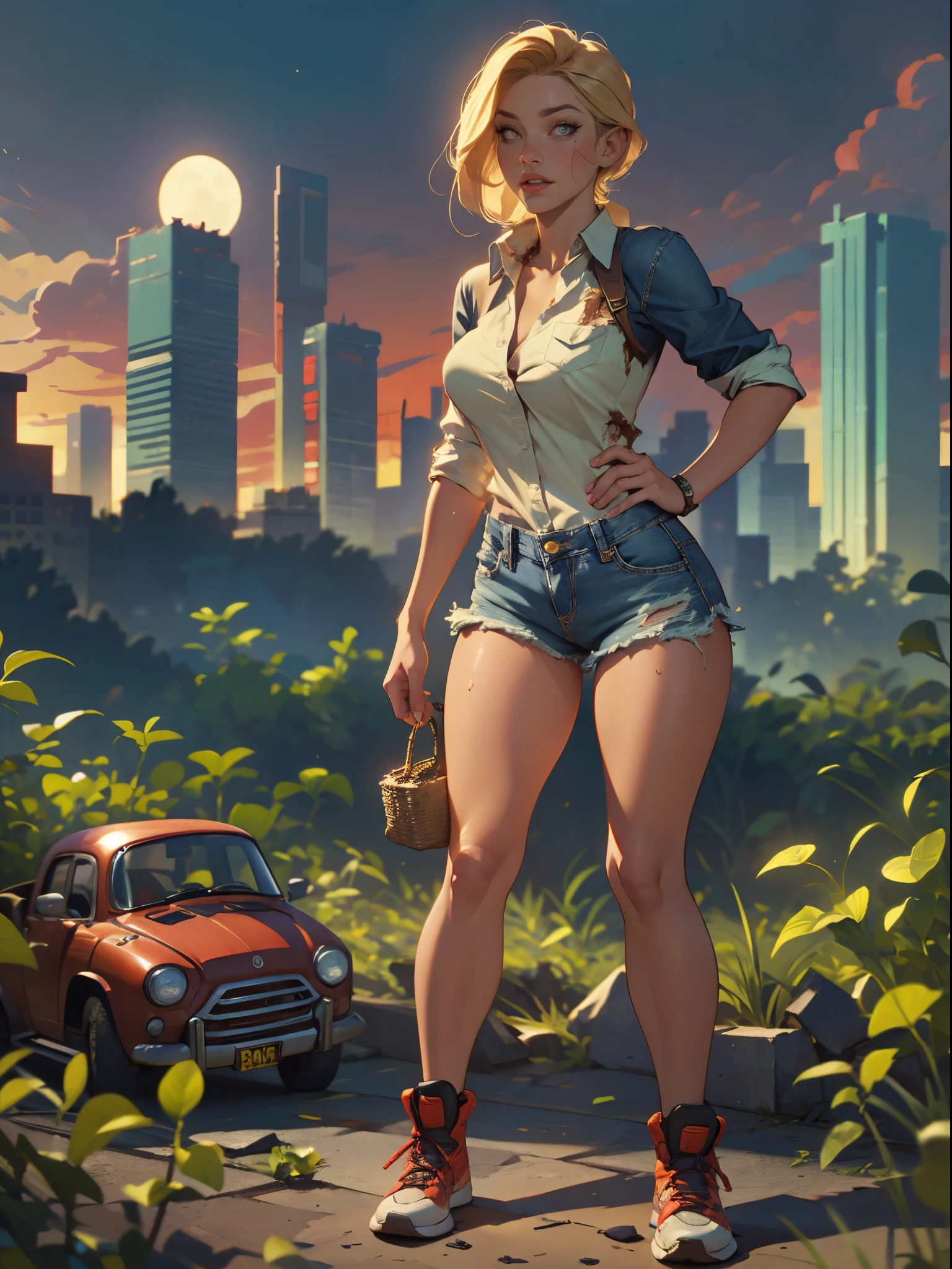2076 year. The Urban Ruins of the Wasteland, Female huntress picking fruit in the garden, beautiful face, blonde, badly torn shirt and denim shorts , long legs, sweating through, sun rising, Nice warm colors, head to toe, full body shot, pretty hands, perfect fingers,