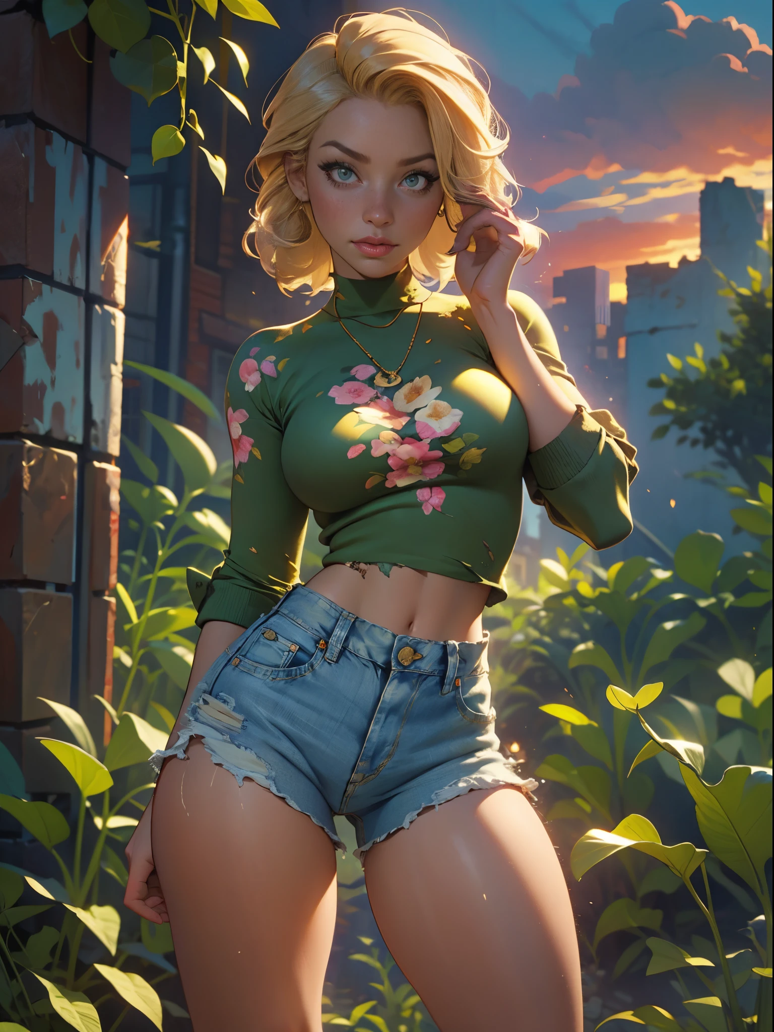 2076 year. The Urban Ruins of the Wasteland, Female huntress picking fruit in the garden, beautiful face, blonde, badly torn shirt and denim shorts ,  long legs, sweating through, sun rising, Nice warm colors, head to toe, full body shot, pretty hands, perfect fingers,