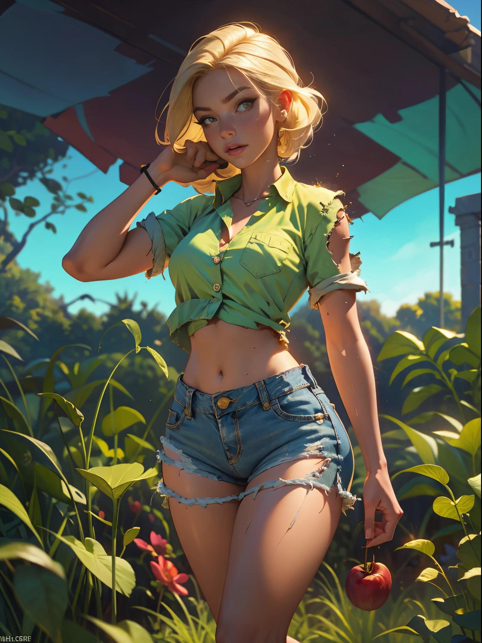 2076 year. The Urban Ruins of the Wasteland, Female huntress picking fruit in the garden, beautiful face, blonde, badly torn shirt and denim shorts , long legs, sweating through, sun rising, Nice warm colors, head to toe, full body shot, pretty hands, perfect fingers,