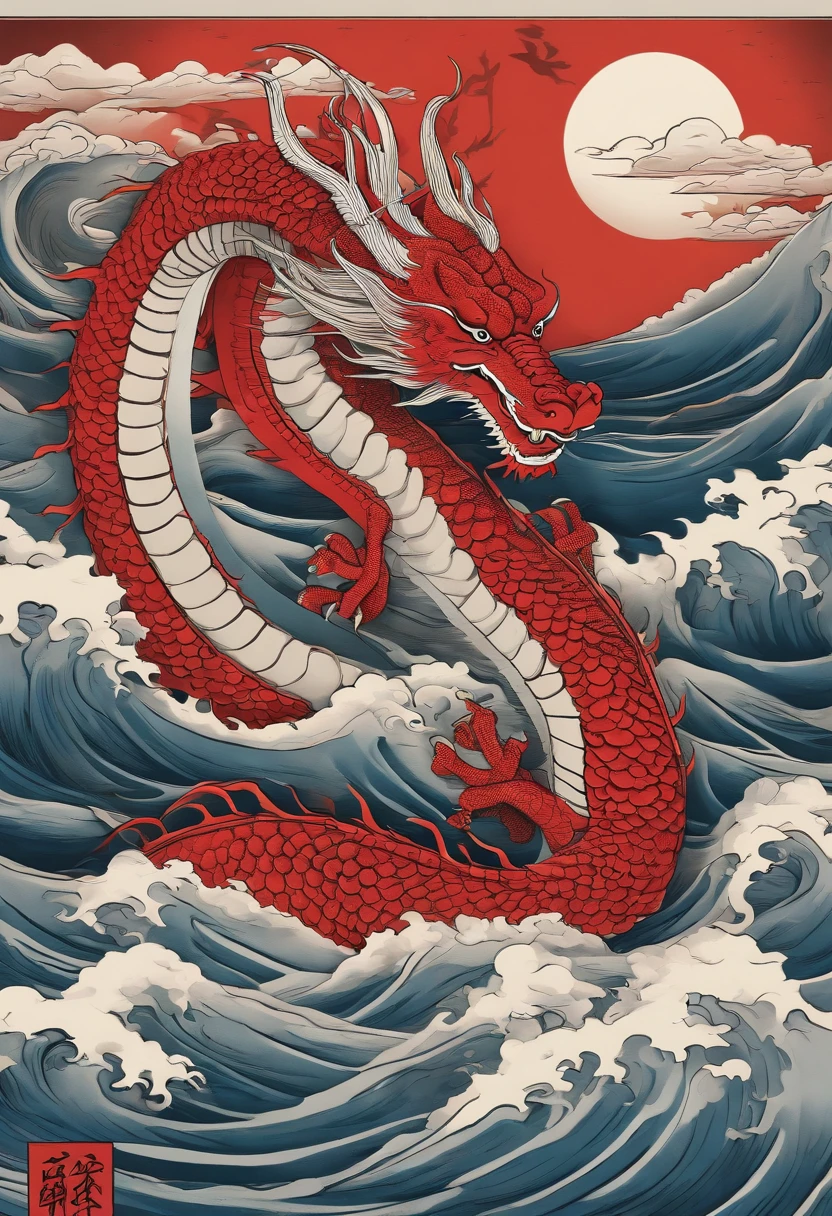 This ukiyo-e style poster design features a red ocean, Red Chinese dragon in ink painting, and dragon combination, As a water god, Dragon King, Living in the North Sea, Control thunderstorms at sea, an ancient Chinese god, turtle, drank, bigger, Stony, Super sharp,Realistic details,Auspicious clouds, depth of fields, Divine Thunder, fantasy coloring, romanticism lain, artistic décor, 电影灯光, depth of fields, spark of light, god light, Ray traching, ultra-wide-angle, first person perspective, wide wide shot, hyper HD, high high quality, high detal, ctextured skin, Best quality at best