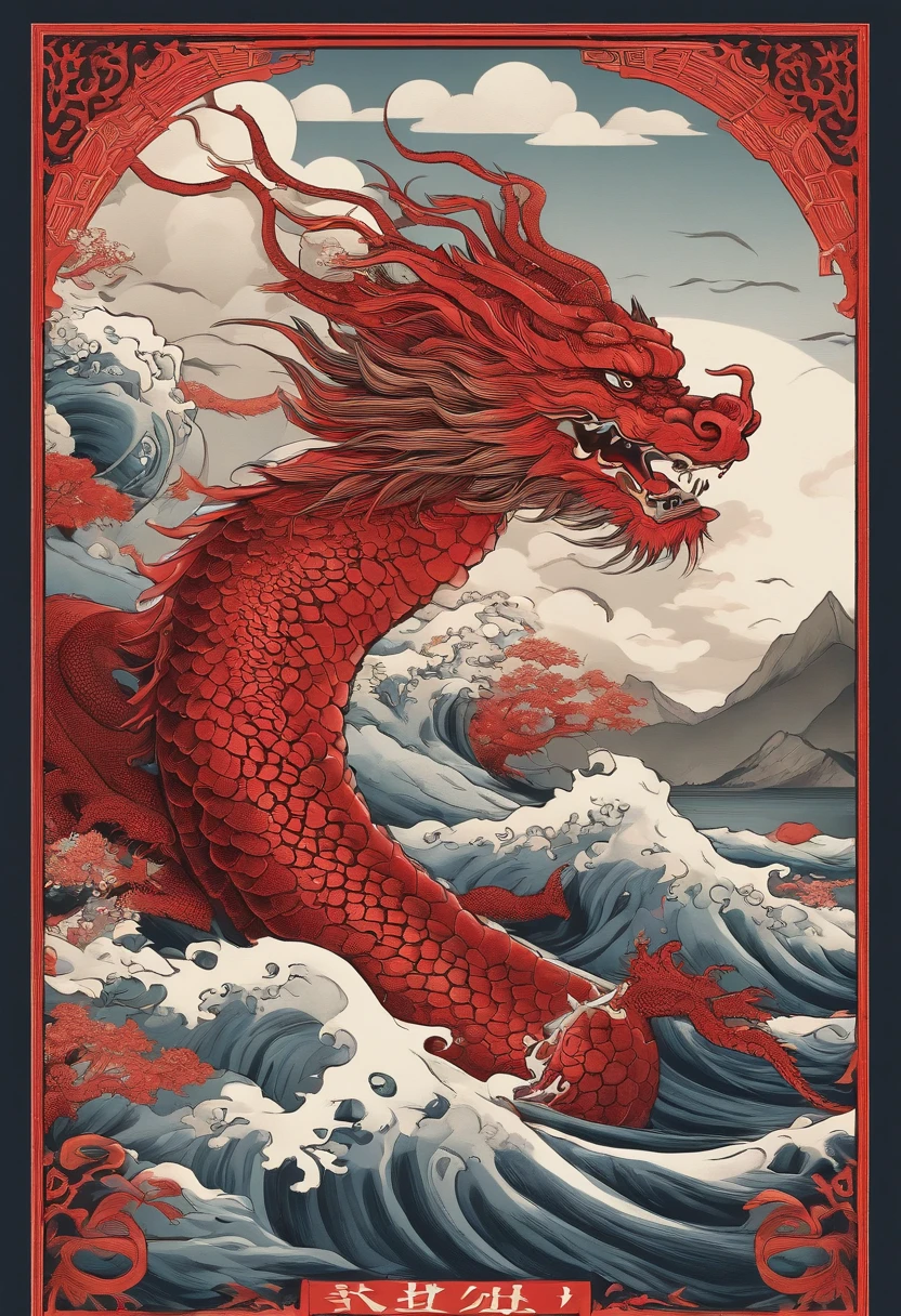 This ukiyo-e style poster design features a red ocean, Red Chinese dragon in ink painting, and dragon combination, As a water god, Dragon King, Living in the North Sea, Control thunderstorms at sea, an ancient Chinese god, turtle, drank, bigger, Stony, Super sharp,Realistic details,Auspicious clouds, depth of fields, Divine Thunder, fantasy coloring, romanticism lain, artistic décor, 电影灯光, depth of fields, spark of light, god light, Ray traching, ultra-wide-angle, first person perspective, wide wide shot, hyper HD, high high quality, high detal, ctextured skin, Best quality at best