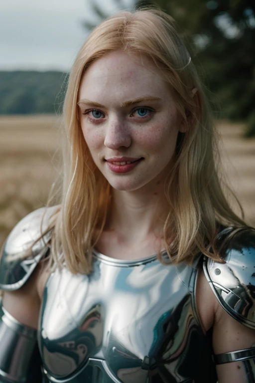 Ultra realistic photography of dbwl woman with many huge beauty marks on her natural pale white skin  ,    full body portrait   ,  SFW,  (((wearing chrome knight armor))), 
,  
 ((fighting stance)),   natural (  pale light blonde eyelashes) , blue eyes, medieval background,
 detailed Natural pale white skin  with (many huge round beauty marks) , smile, light pale blonde eyebrows,
 in frame,  happy, 
detailed, natural light blonde,  outdoors, sunny, high resolution, photograph, RAW photo, cinematic lighting, chr0me4rmor, sexy