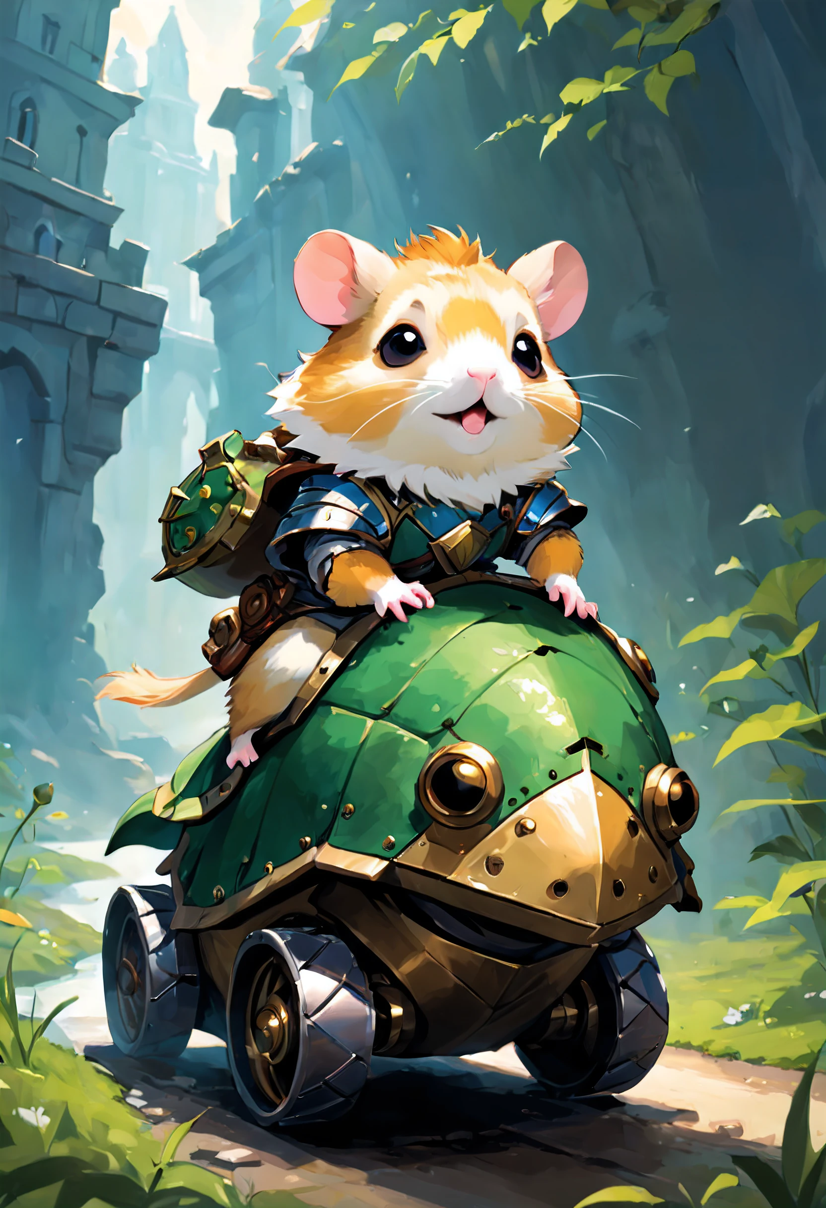 Hamster the Paladin, a pint-sized hero, rides gallantly on the back of an armored frog, their determined expressions capturing the essence of a lighthearted yet courageous quest for adventure.