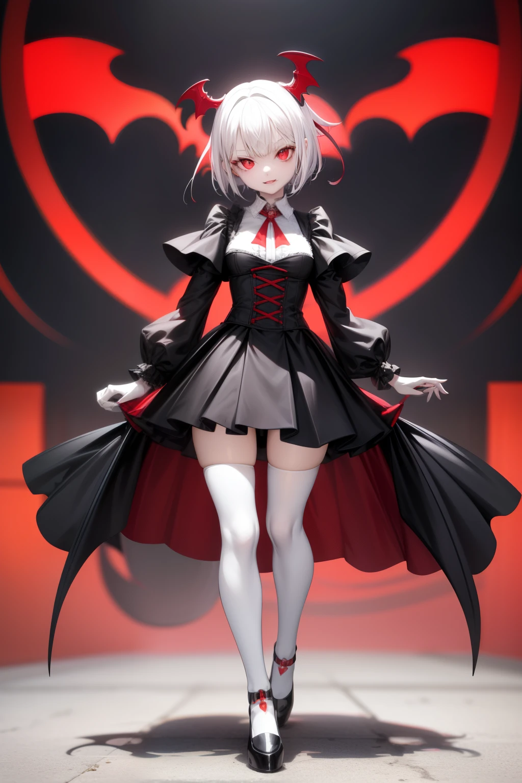 cute girl, Vampire girl, She has short white hair, bright red eyes, a tilted camera, and a blurry background, full body