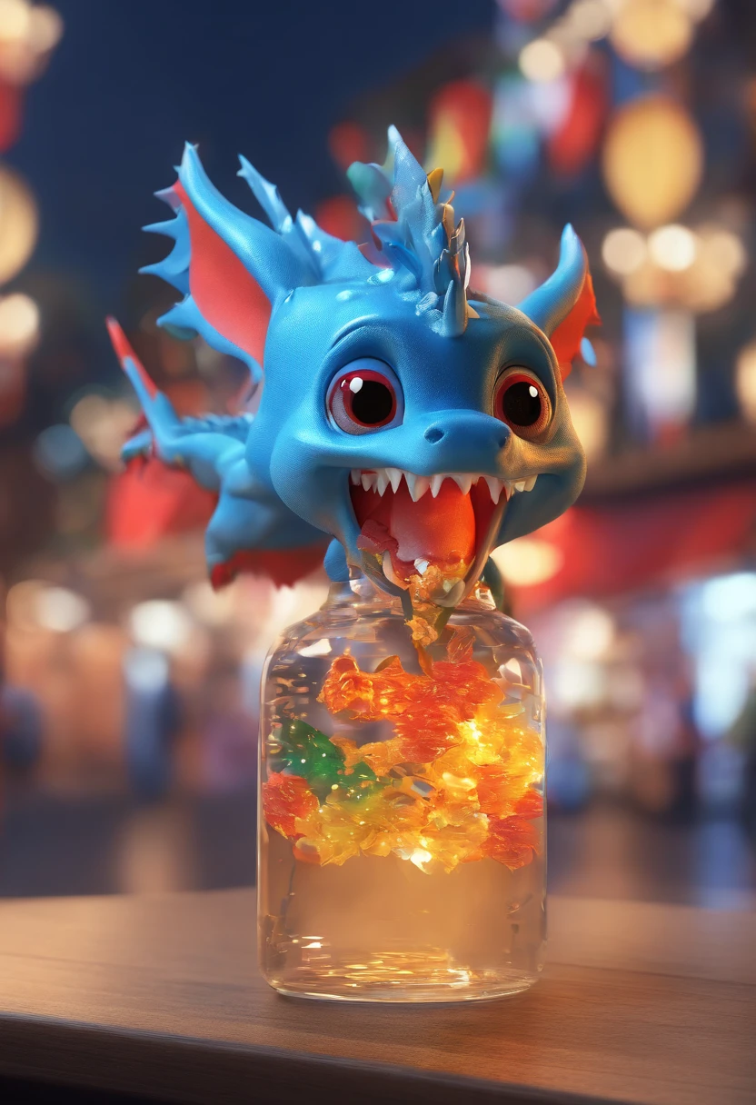Cute blue dragon IP sitting on clear glass bottle,There is a dragon in the glass bottle,Glass reflective blue smooth and delicate skin,eyes with brightness, modeled, Delicate gloss,clean backdrop, Good gloss, 3Drenderingof,Best quality at best、Dark and fluorescent world view,ultra - detailed、8k、Realistic depiction、Lively night market in the background、fire works、Firecrackers,oc rendered,hyper realisitc,Best quality,8K,Works of masters,ultradetailed,