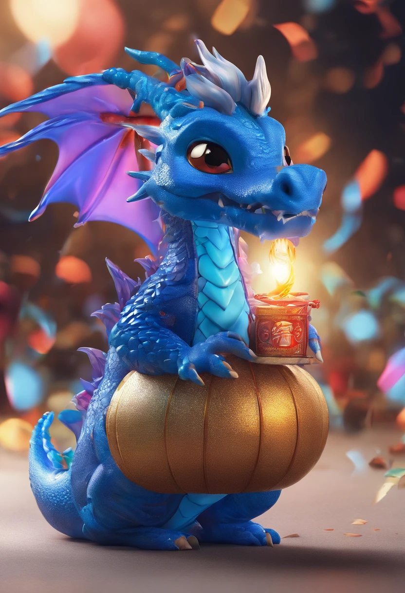 Cute blue dragon baby IP sitting on clear glass bottle,There is a dragon in the glass bottle,Glass reflective blue smooth and delicate skin,eyes with brightness, modeled, Delicate gloss,clean backdrop, Good gloss, 3Drenderingof,Best quality at best、Dark and fluorescent world view,ultra - detailed、8k、Realistic depiction、Lively night market in the background、fire works、Firecrackers,oc rendered,hyper realisitc,Best quality,8K,Works of masters,ultradetailed,