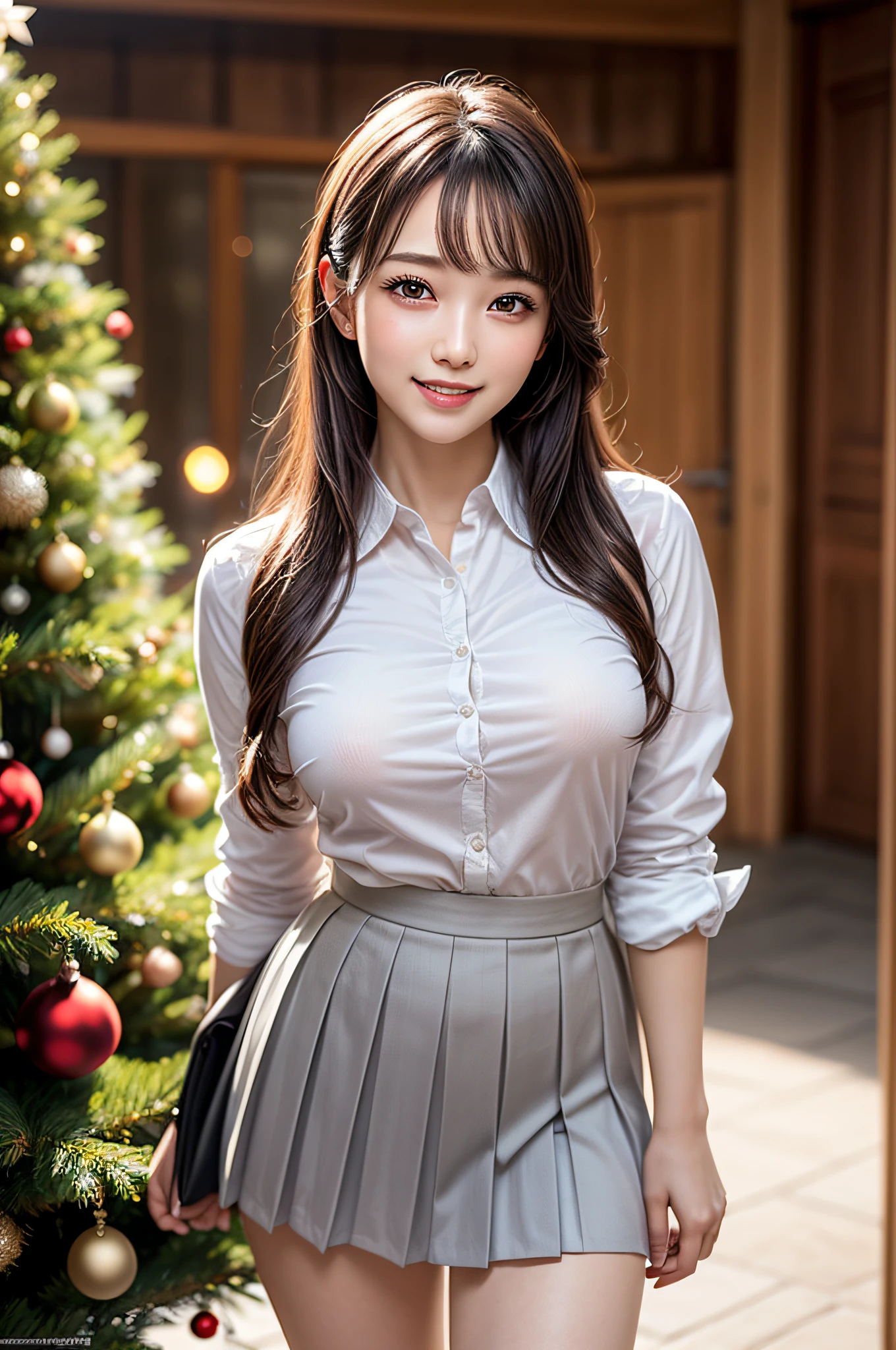 (1 cute girls), Extremely cute, Amazing face and eyes, (Beautiful lovely smile), (extremely detailed beautiful face), bright and shiny lips, (School uniform, Pleated skirt:1.3), (Best Quality:1.4), (hyper quality), (Ultra-detailed), (Hyper-realistic, Photorealsitic:1.37), Authentic skin texture, intricate-detail, extremely detailed CG unified 8k wallpaper, RAW Photos, professional photograpy, Cinematic lighting, Exposing, Christmas tree, Christmas Ornaments, Christmas Decorations, Christmas Lights, christmas lights,