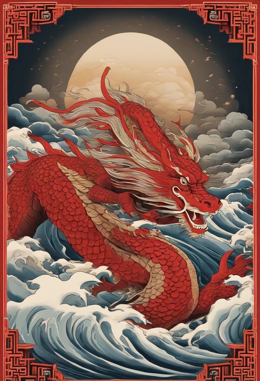 This ukiyo-e style poster design features the Red Sea, Red Chinese dragon in ink painting, and a combination of dragons, As a water god, Dragon King, Living in the North Sea, Control thunderstorms at sea, an ancient Chinese god, turtle, drank, The large, Stony, Super sharp,Realistic details,Auspicious clouds, depth of fields, Divine Thunder, fantasy coloring, romanticism lain, artistic décor, 电影灯光, depth of fields, spark of light, god light, ray traycing, ultra-wide-angle, first person perspective, wide wide shot, hyper HD, high high quality, high detal, ctextured skin, Best quality
