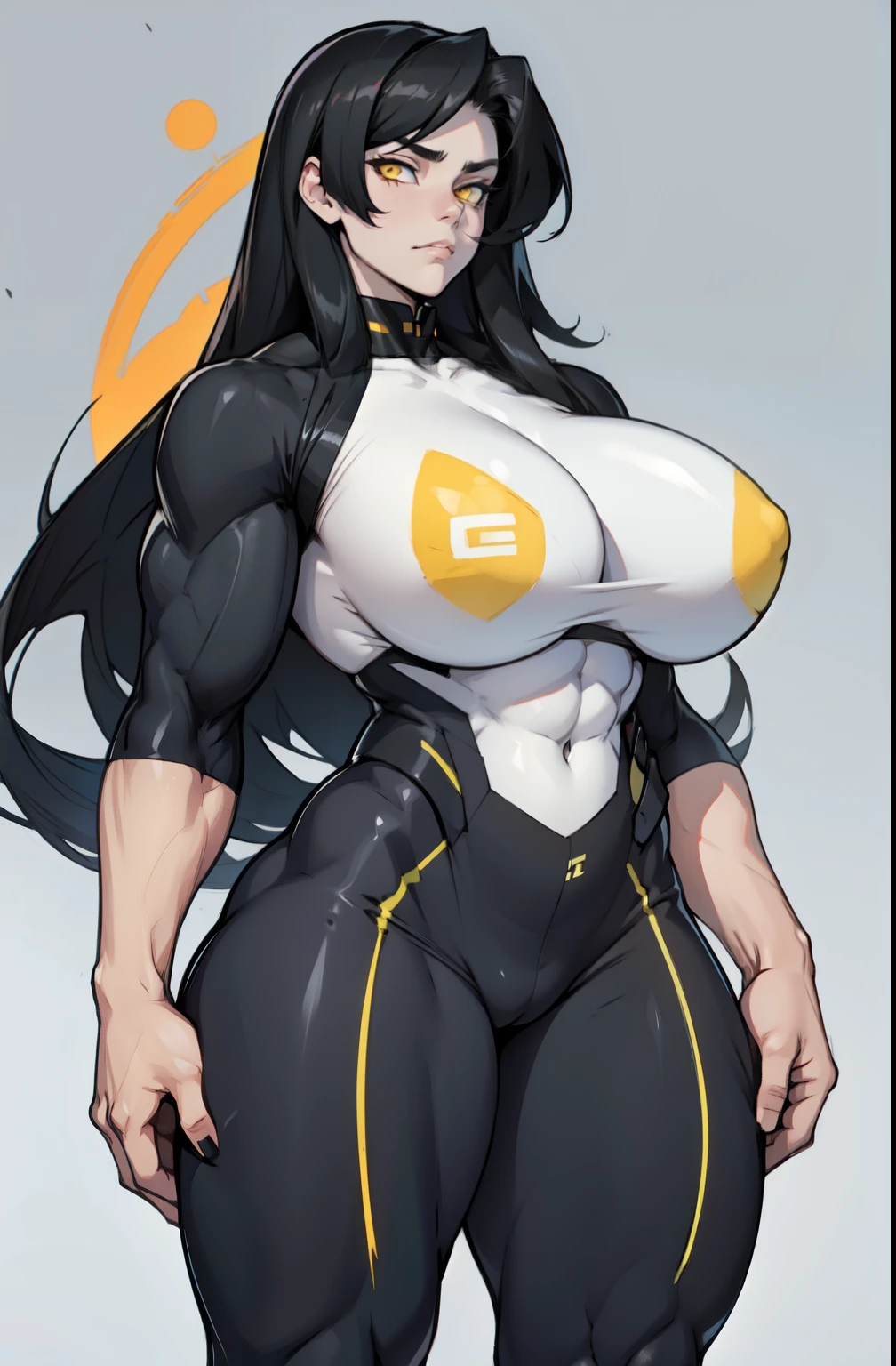 ((1 girl)) sad girl very long hair pale skin black hair yellow eyes ((muscular)) gigantic tits